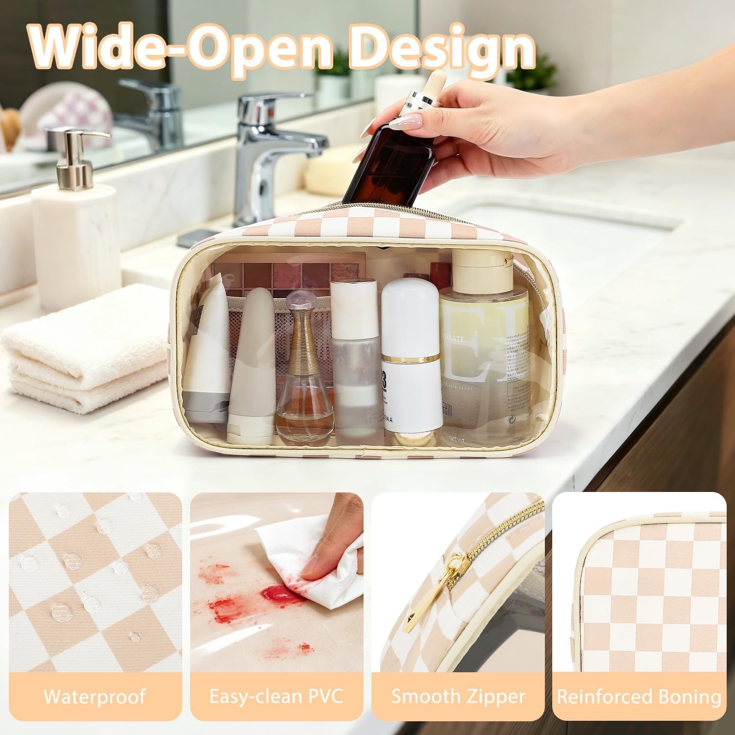 image:imageFammart Clear Travel Makeup Bag for Women TSA Approved Checkered Cosmetic Bag Make Up Car Organizer Case with Zipper Large Waterproof Pouch Purse Toiletry Bag for Skincare Brushes Travel EssentialsCheckered Khaki