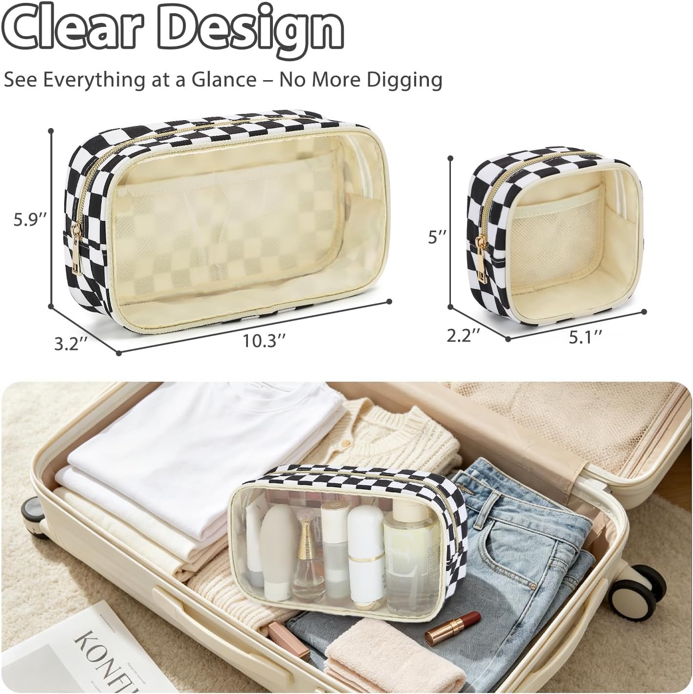 image:imageFammart Clear Travel Makeup Bag for Women TSA Approved Checkered Cosmetic Bag Make Up Car Organizer Case with Zipper Large Waterproof Pouch Purse Toiletry Bag for Skincare Brushes Travel EssentialsCheckered 2PCS Black