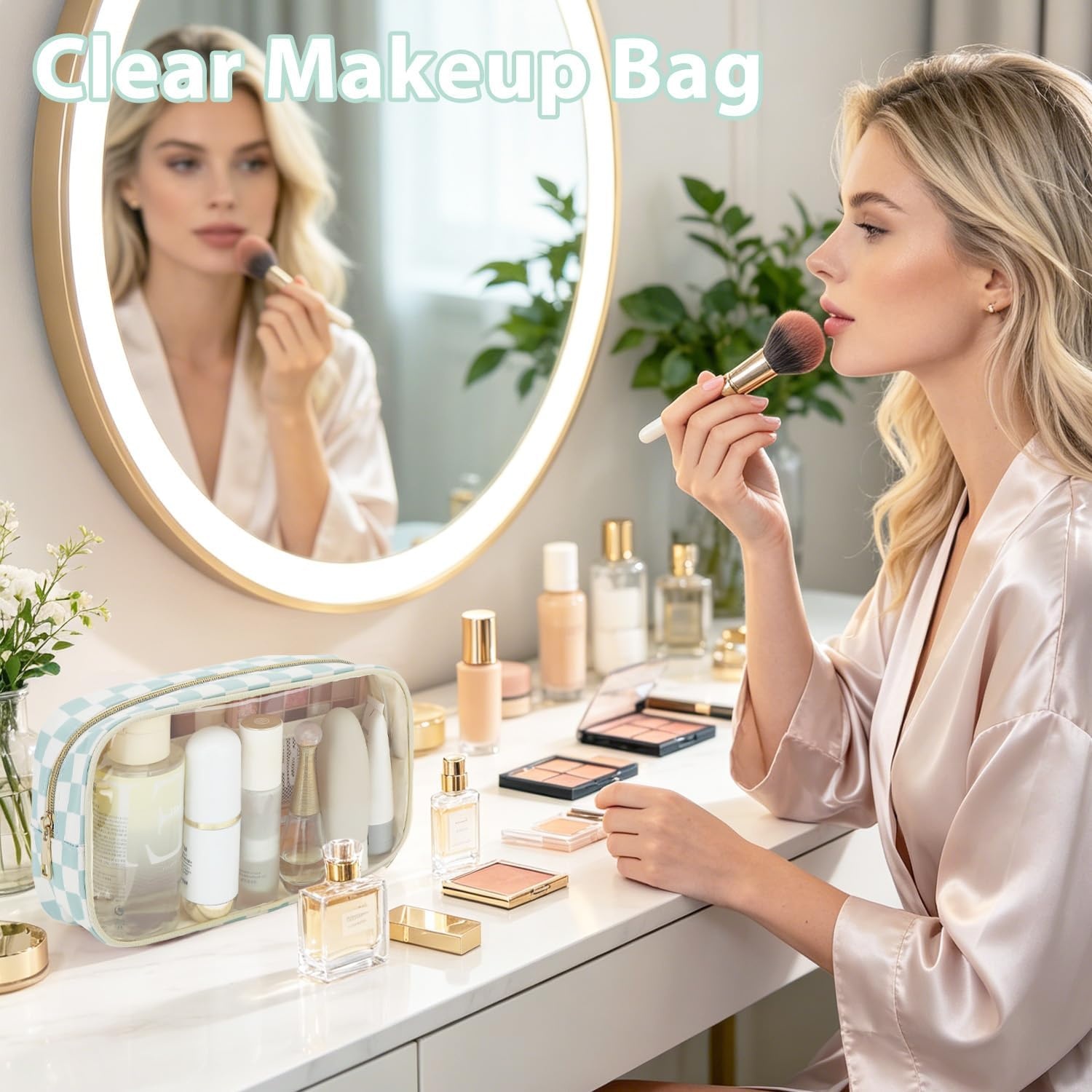 image:imageFammart Clear Travel Makeup Bag for Women TSA Approved Checkered Cosmetic Bag Make Up Car Organizer Case with Zipper Large Waterproof Pouch Purse Toiletry Bag for Skincare Brushes Travel EssentialsCheckered 2PCS Green