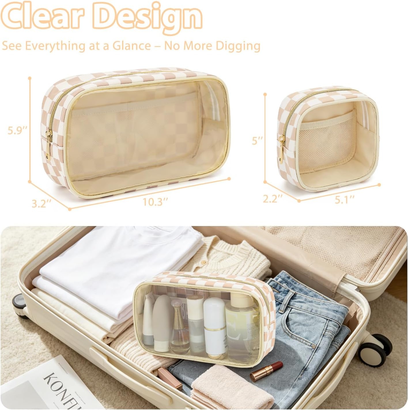 image:imageFammart Clear Travel Makeup Bag for Women TSA Approved Checkered Cosmetic Bag Make Up Car Organizer Case with Zipper Large Waterproof Pouch Purse Toiletry Bag for Skincare Brushes Travel EssentialsCheckered 2PCS Khaki