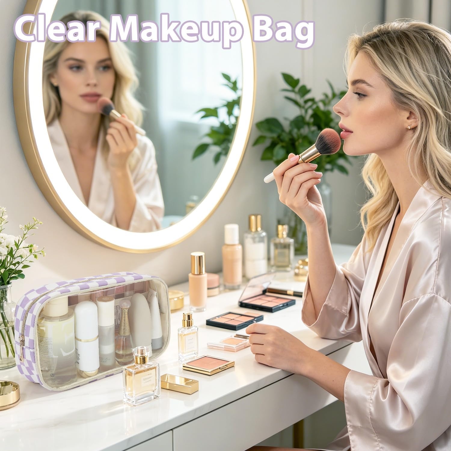 image:imageFammart Clear Travel Makeup Bag for Women TSA Approved Checkered Cosmetic Bag Make Up Car Organizer Case with Zipper Large Waterproof Pouch Purse Toiletry Bag for Skincare Brushes Travel EssentialsCheckered 2PCS Purple