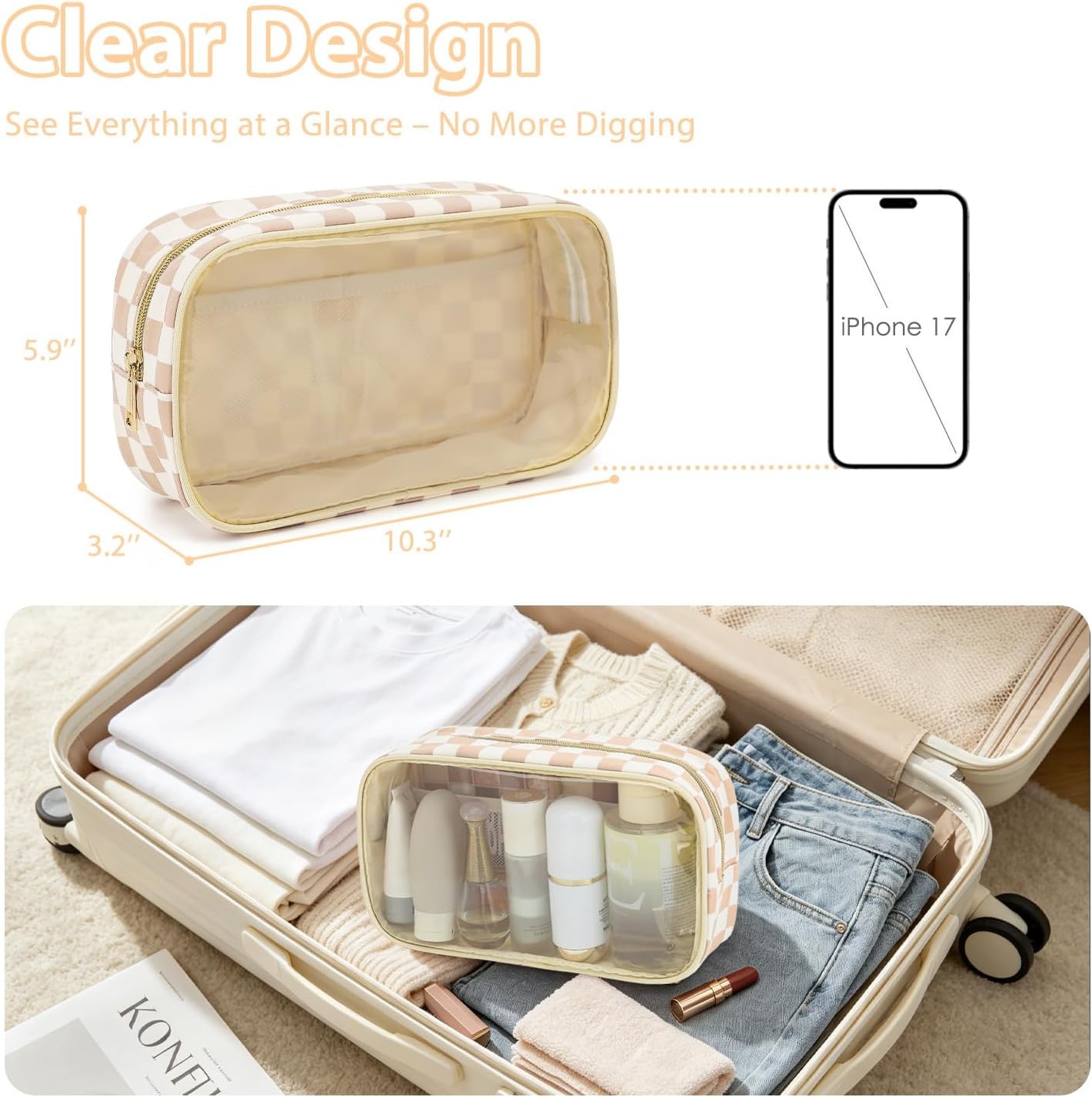 image:imageFammart Clear Travel Makeup Bag for Women TSA Approved Checkered Cosmetic Bag Make Up Car Organizer Case with Zipper Large Waterproof Pouch Purse Toiletry Bag for Skincare Brushes Travel EssentialsCheckered Khaki
