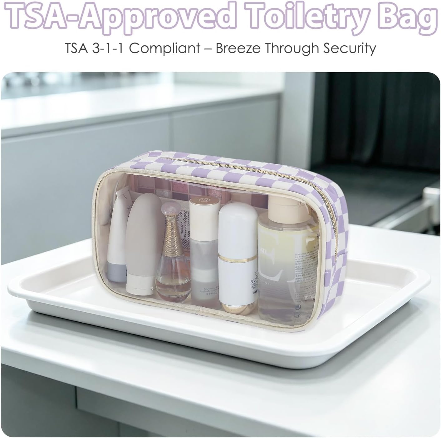 image:imageFammart Clear Travel Makeup Bag for Women TSA Approved Checkered Cosmetic Bag Make Up Car Organizer Case with Zipper Large Waterproof Pouch Purse Toiletry Bag for Skincare Brushes Travel EssentialsCheckered 2PCS Purple