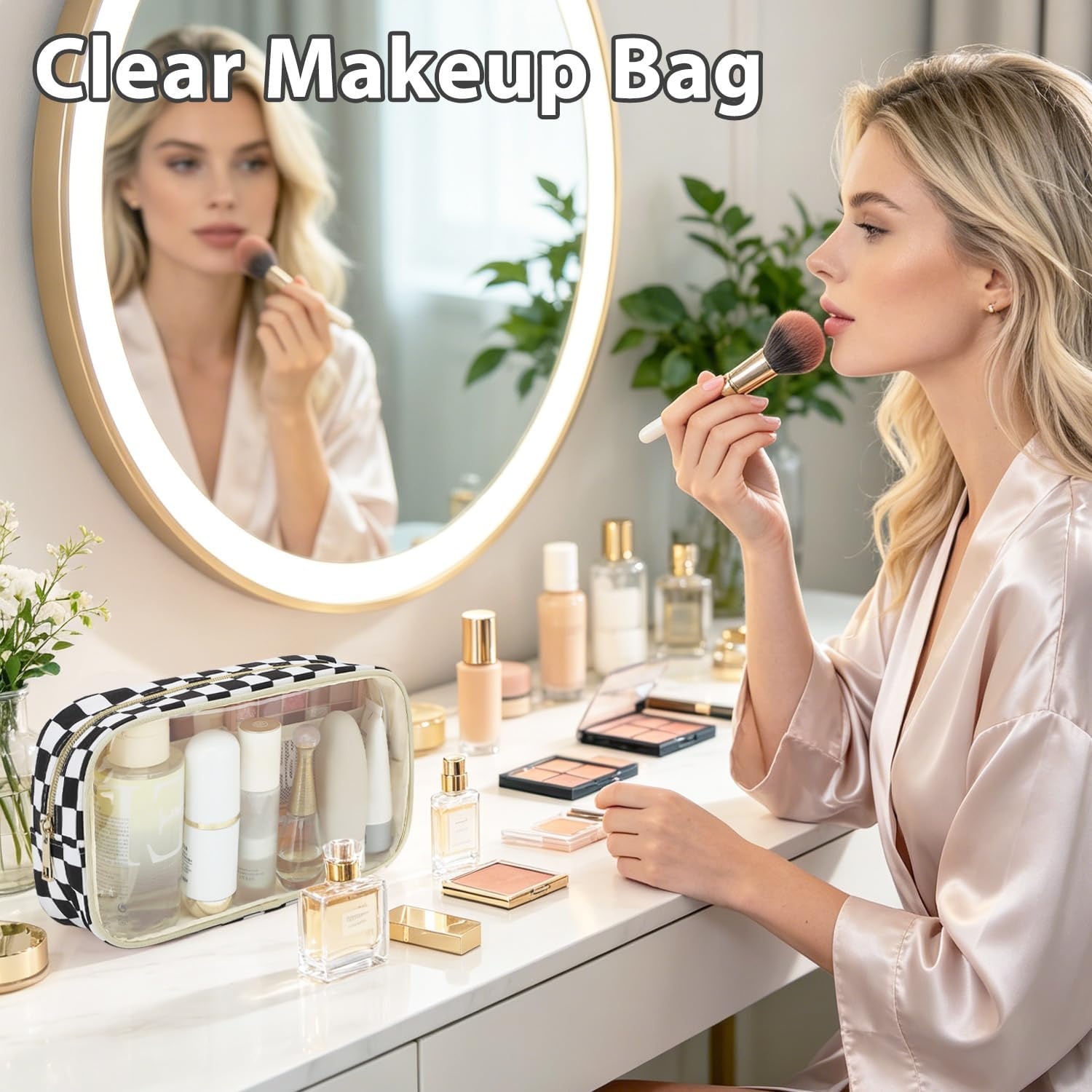 image:imageFammart Clear Travel Makeup Bag for Women TSA Approved Checkered Cosmetic Bag Make Up Car Organizer Case with Zipper Large Waterproof Pouch Purse Toiletry Bag for Skincare Brushes Travel EssentialsCheckered 2PCS Black