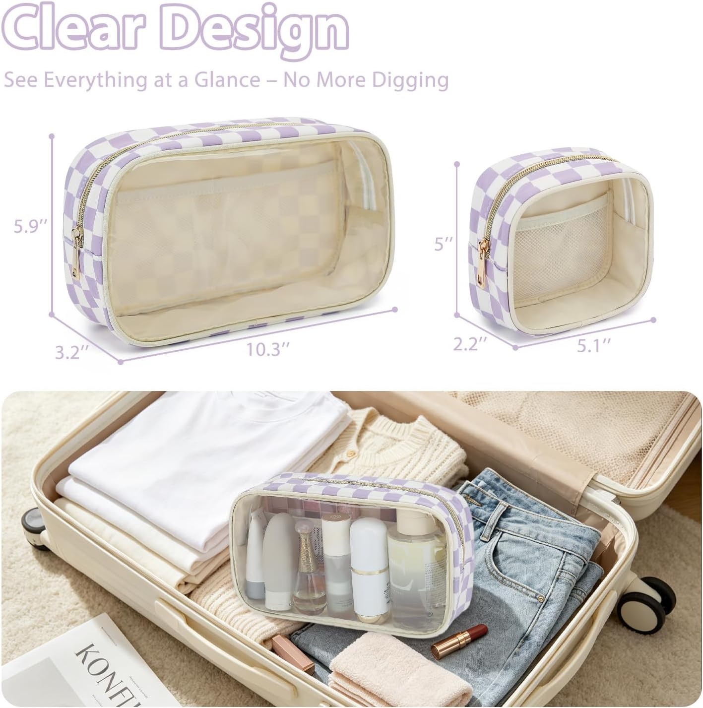 image:imageFammart Clear Travel Makeup Bag for Women TSA Approved Checkered Cosmetic Bag Make Up Car Organizer Case with Zipper Large Waterproof Pouch Purse Toiletry Bag for Skincare Brushes Travel EssentialsCheckered 2PCS Purple