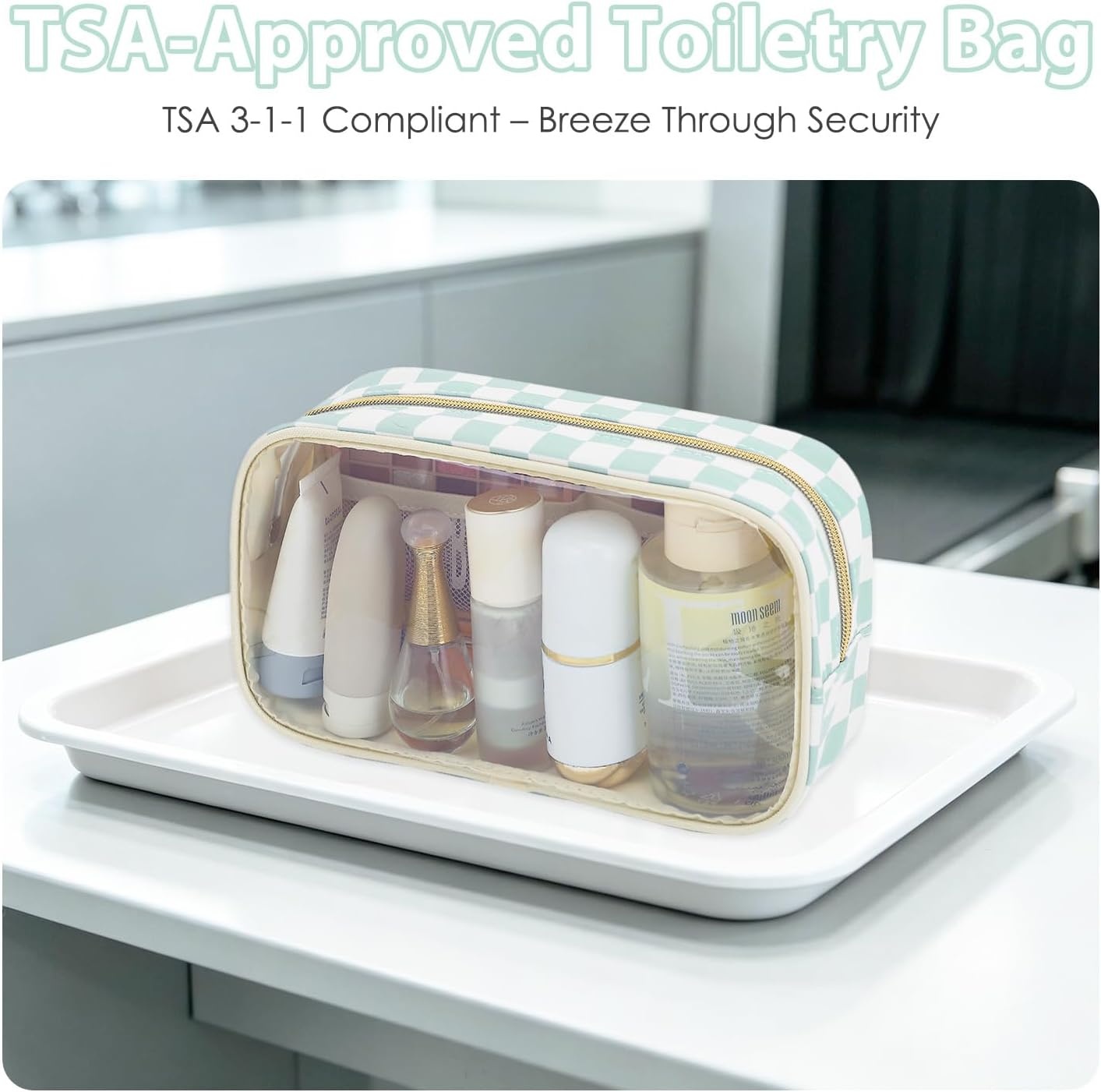 image:imageFammart Clear Travel Makeup Bag for Women TSA Approved Checkered Cosmetic Bag Make Up Car Organizer Case with Zipper Large Waterproof Pouch Purse Toiletry Bag for Skincare Brushes Travel EssentialsCheckered 2PCS Green