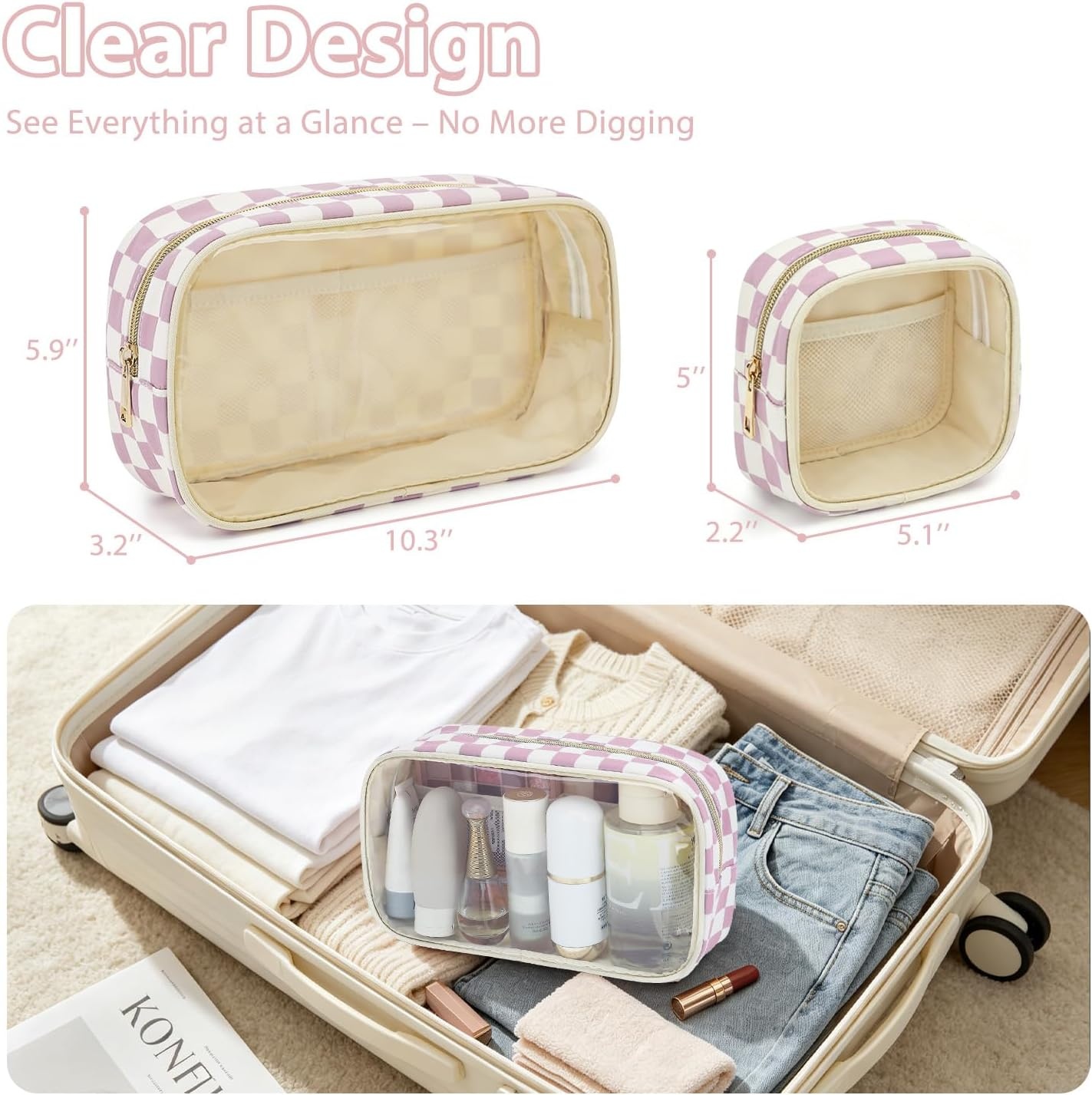 image:imageFammart Clear Travel Makeup Bag for Women TSA Approved Checkered Cosmetic Bag Make Up Car Organizer Case with Zipper Large Waterproof Pouch Purse Toiletry Bag for Skincare Brushes Travel EssentialsCheckered 2PCS Dusty Rose