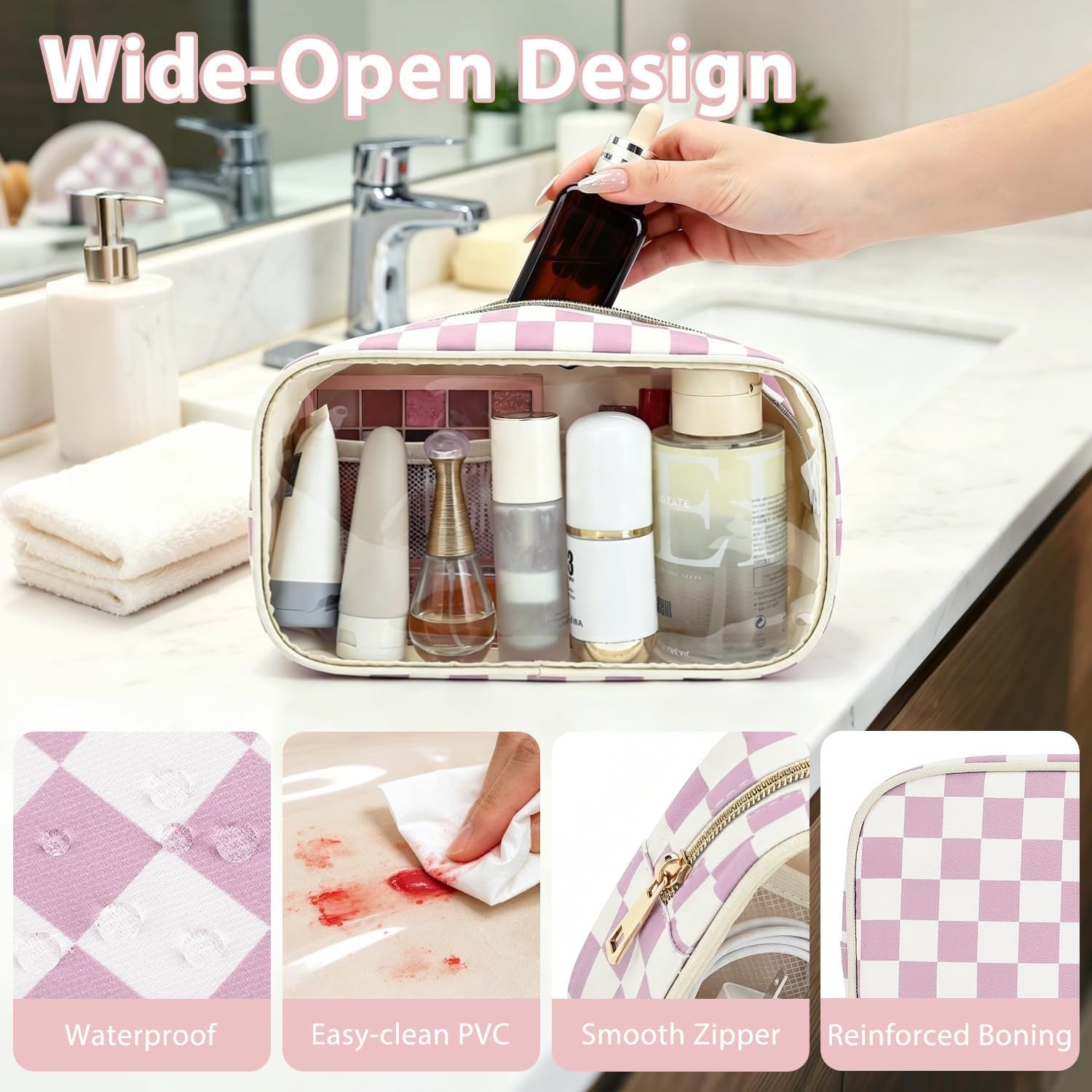 image:imageFammart Clear Travel Makeup Bag for Women TSA Approved Checkered Cosmetic Bag Make Up Car Organizer Case with Zipper Large Waterproof Pouch Purse Toiletry Bag for Skincare Brushes Travel EssentialsCheckered 2PCS Dusty Rose