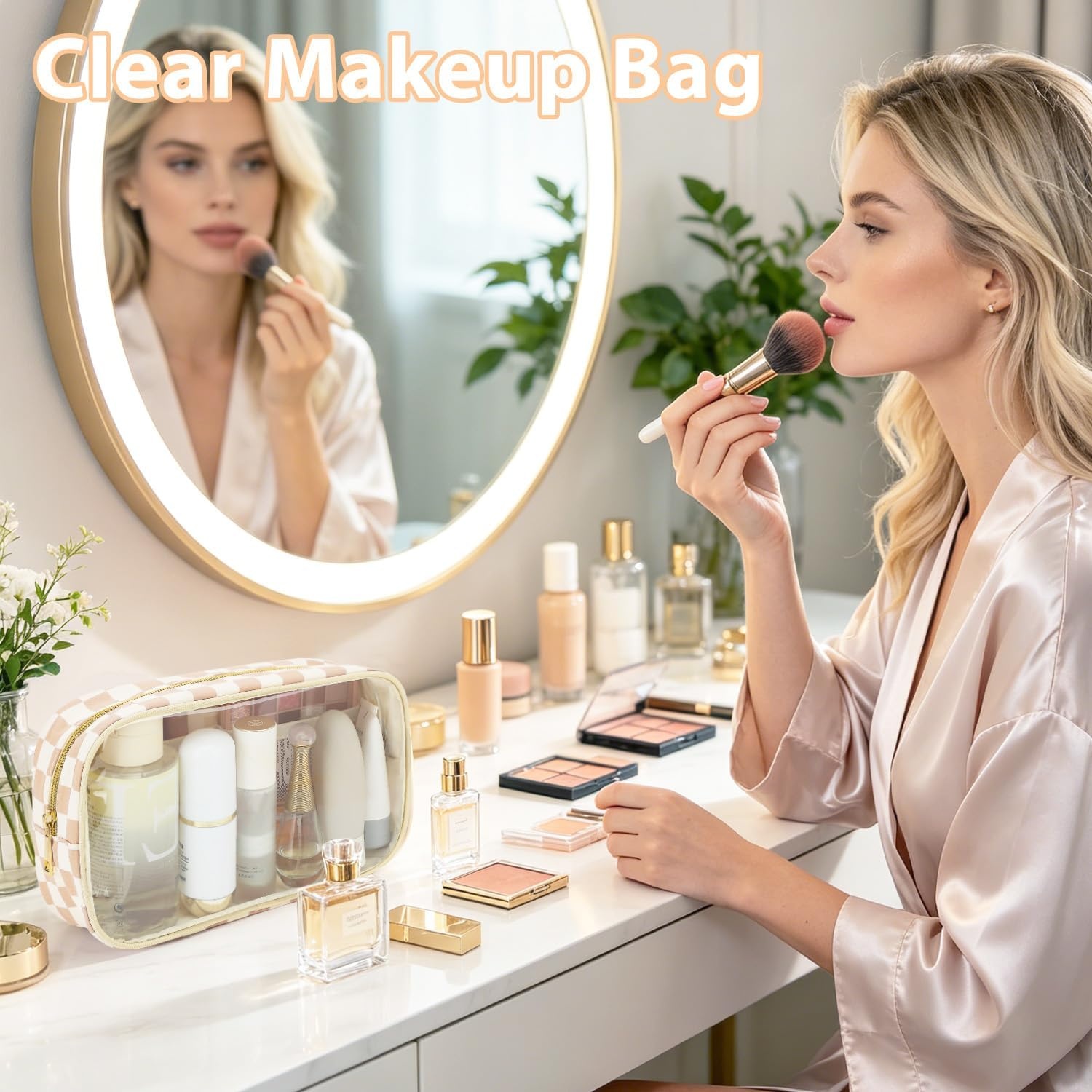 image:imageFammart Clear Travel Makeup Bag for Women TSA Approved Checkered Cosmetic Bag Make Up Car Organizer Case with Zipper Large Waterproof Pouch Purse Toiletry Bag for Skincare Brushes Travel EssentialsCheckered 2PCS Khaki