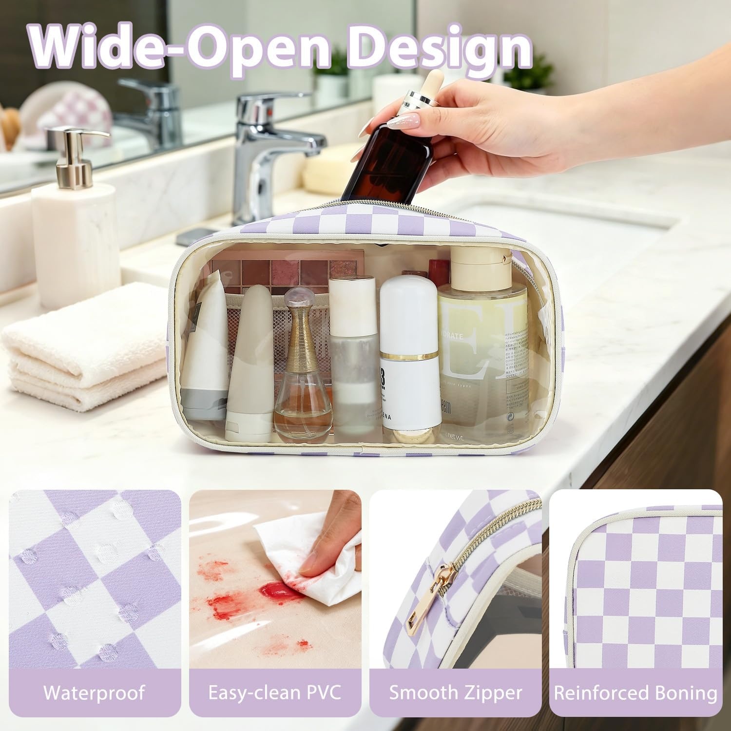 image:imageFammart Clear Travel Makeup Bag for Women TSA Approved Checkered Cosmetic Bag Make Up Car Organizer Case with Zipper Large Waterproof Pouch Purse Toiletry Bag for Skincare Brushes Travel EssentialsCheckered 2PCS Purple