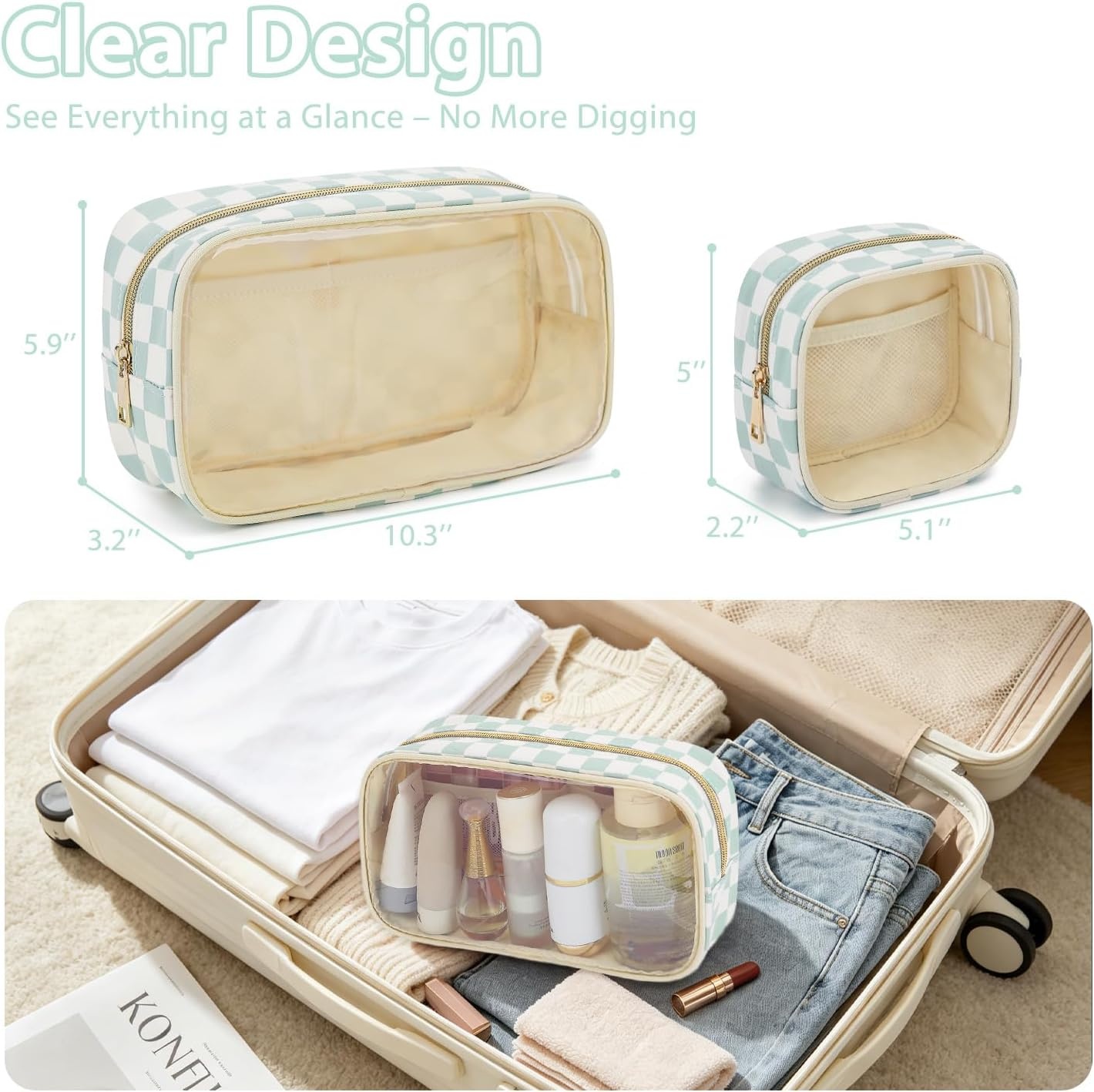 image:imageFammart Clear Travel Makeup Bag for Women TSA Approved Checkered Cosmetic Bag Make Up Car Organizer Case with Zipper Large Waterproof Pouch Purse Toiletry Bag for Skincare Brushes Travel EssentialsCheckered 2PCS Green