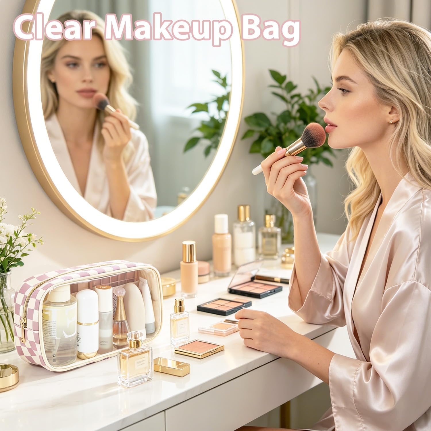 image:imageFammart Clear Travel Makeup Bag for Women TSA Approved Checkered Cosmetic Bag Make Up Car Organizer Case with Zipper Large Waterproof Pouch Purse Toiletry Bag for Skincare Brushes Travel EssentialsCheckered 2PCS Dusty Rose