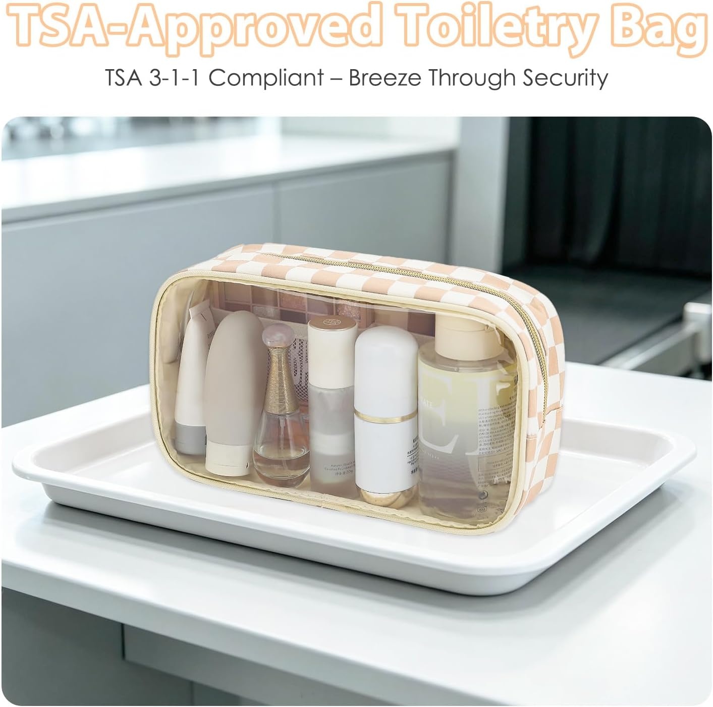 image:imageFammart Clear Travel Makeup Bag for Women TSA Approved Checkered Cosmetic Bag Make Up Car Organizer Case with Zipper Large Waterproof Pouch Purse Toiletry Bag for Skincare Brushes Travel EssentialsCheckered Khaki