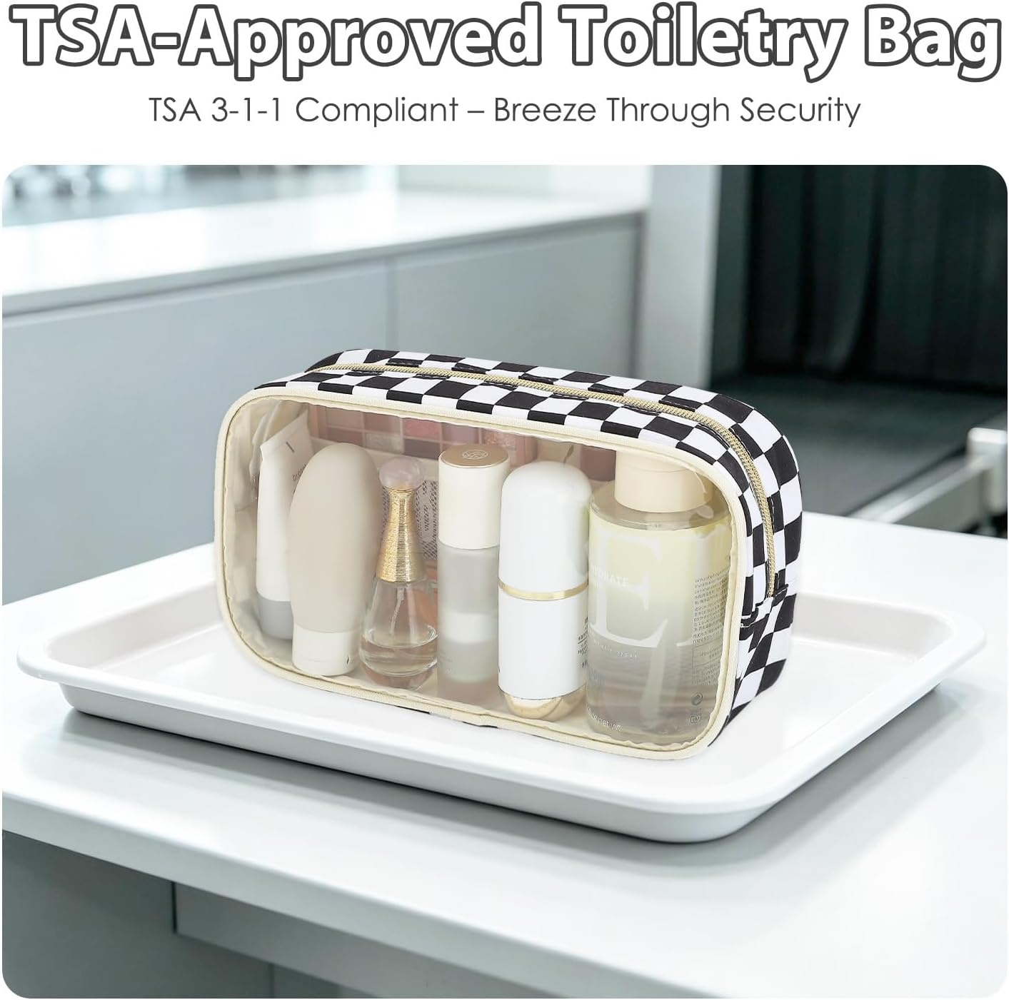 image:imageFammart Clear Travel Makeup Bag for Women TSA Approved Checkered Cosmetic Bag Make Up Car Organizer Case with Zipper Large Waterproof Pouch Purse Toiletry Bag for Skincare Brushes Travel EssentialsCheckered 2PCS Black