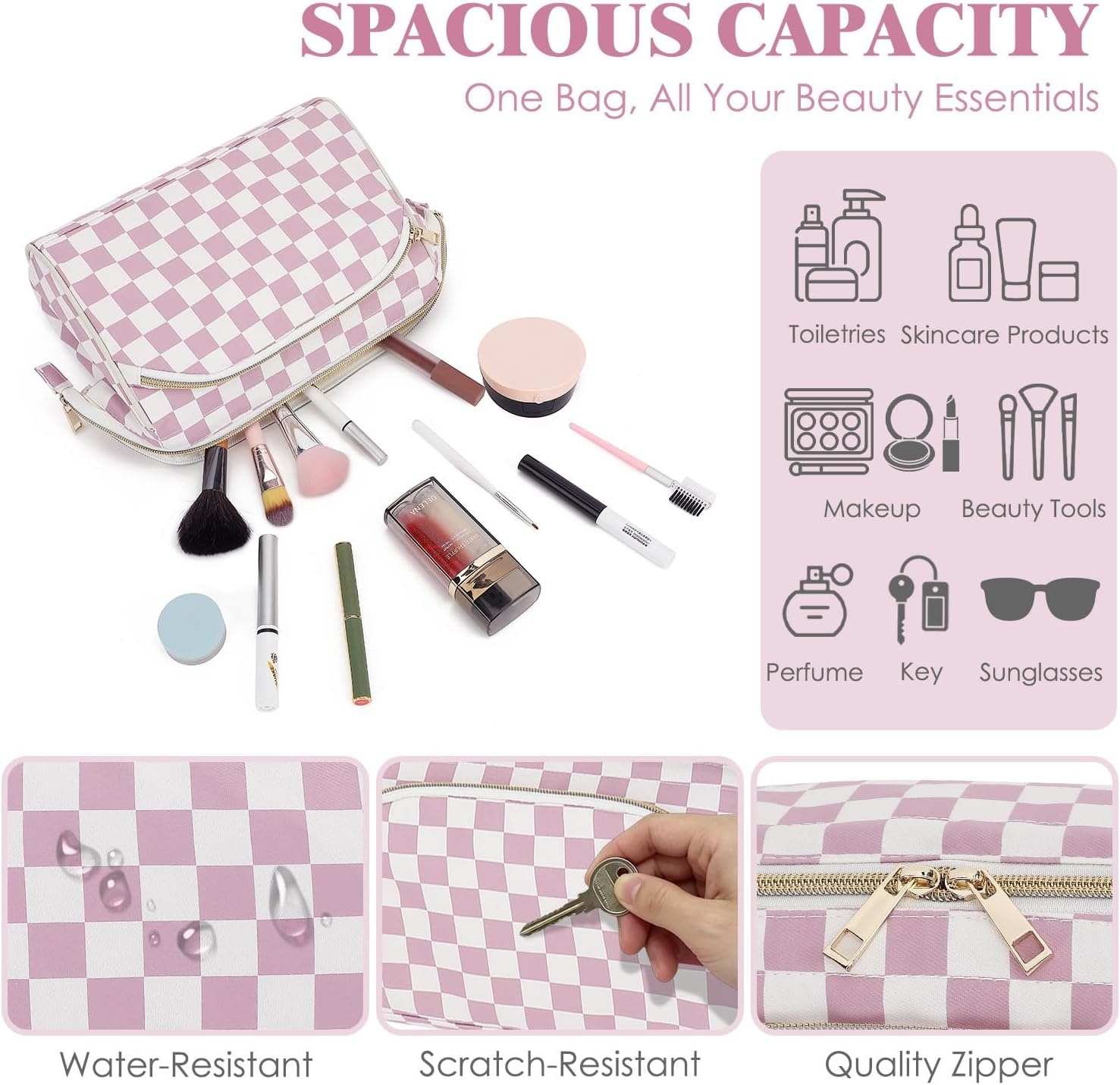 image:imageFammart Travel Makeup Bag for Women Waterproof Checkered Cosmetic Cosmetic Bag Make Up Organizer Case Large Wideopen Toiletry Bag for Skincare Brushes Bathroom amp Travel EssentialsCheckered Dusty Rose