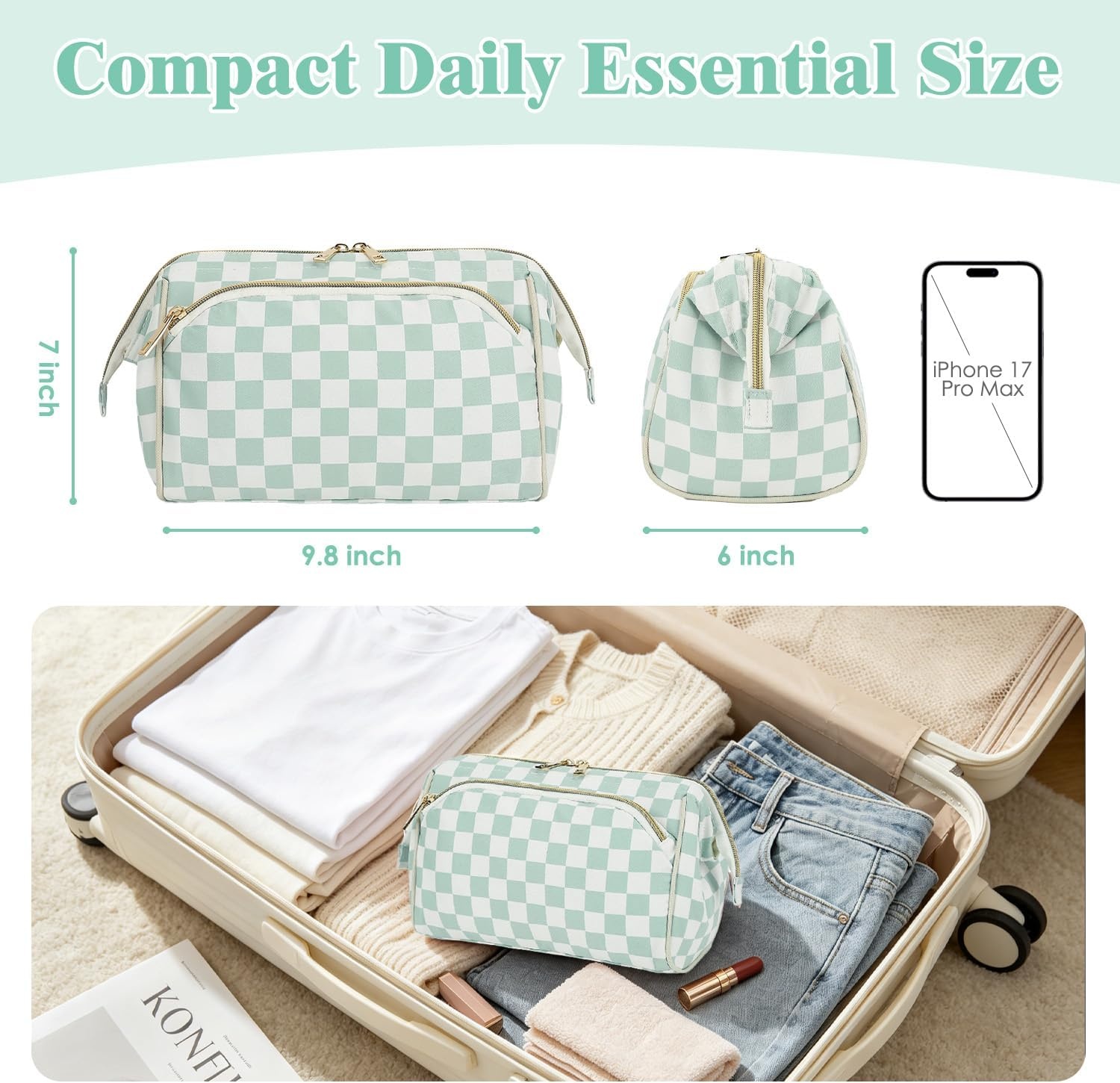 image:imageFammart Travel Makeup Bag for Women Waterproof Checkered Cosmetic Cosmetic Bag Make Up Organizer Case Large Wideopen Toiletry Bag for Skincare Brushes Bathroom amp Travel EssentialsCheckered Green