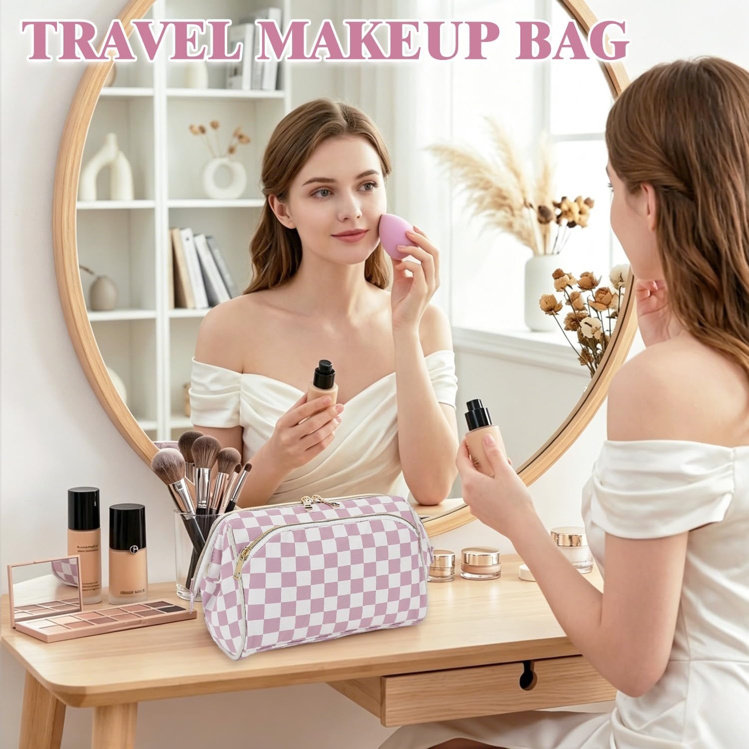 image:imageFammart Travel Makeup Bag for Women Waterproof Checkered Cosmetic Cosmetic Bag Make Up Organizer Case Large Wideopen Toiletry Bag for Skincare Brushes Bathroom amp Travel EssentialsCheckered Dusty Rose