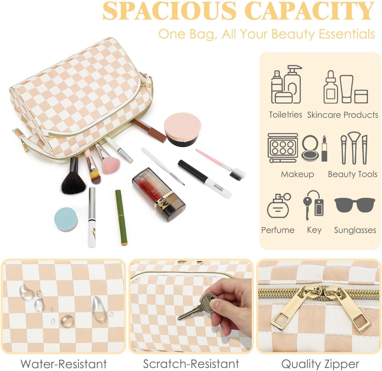 image:imageFammart Travel Makeup Bag for Women Waterproof Checkered Cosmetic Cosmetic Bag Make Up Organizer Case Large Wideopen Toiletry Bag for Skincare Brushes Bathroom amp Travel EssentialsCheckered Khaki