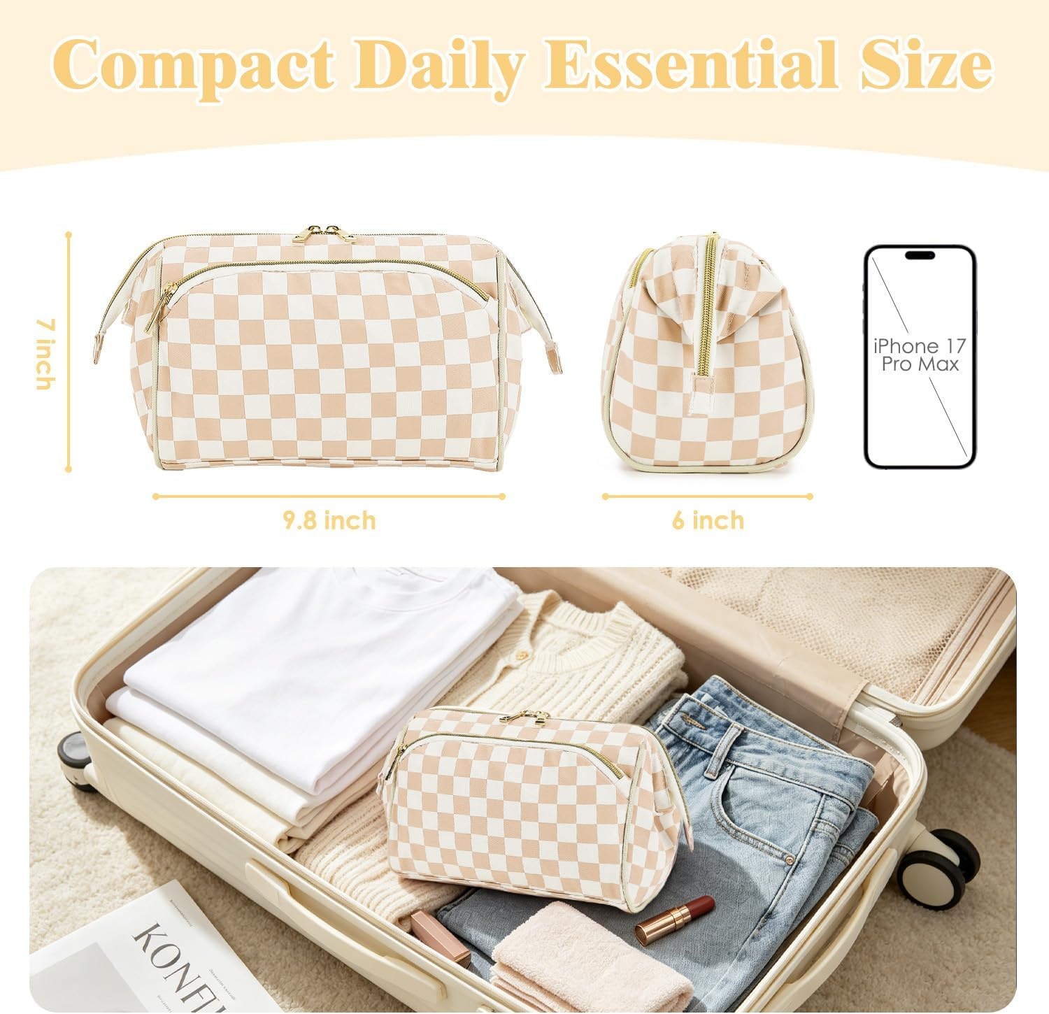 image:imageFammart Travel Makeup Bag for Women Waterproof Checkered Cosmetic Cosmetic Bag Make Up Organizer Case Large Wideopen Toiletry Bag for Skincare Brushes Bathroom amp Travel EssentialsCheckered Khaki