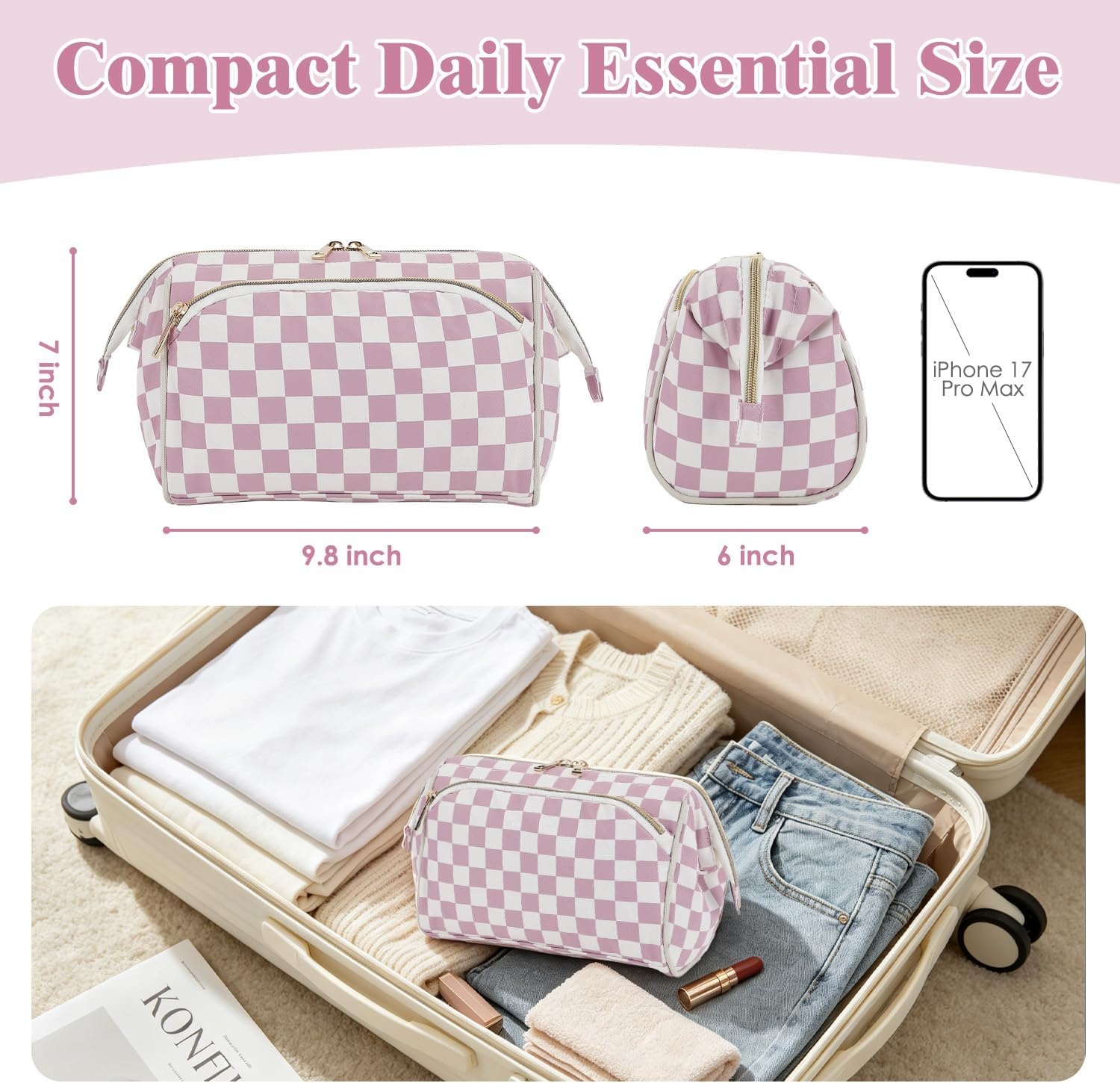 image:imageFammart Travel Makeup Bag for Women Waterproof Checkered Cosmetic Cosmetic Bag Make Up Organizer Case Large Wideopen Toiletry Bag for Skincare Brushes Bathroom amp Travel EssentialsCheckered Dusty Rose
