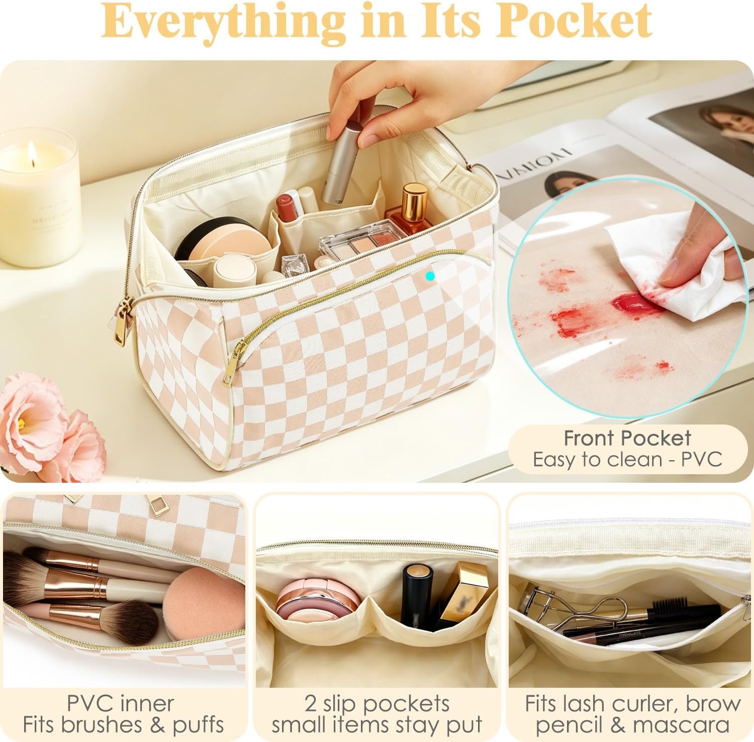 image:imageFammart Travel Makeup Bag for Women Waterproof Checkered Cosmetic Cosmetic Bag Make Up Organizer Case Large Wideopen Toiletry Bag for Skincare Brushes Bathroom amp Travel EssentialsCheckered Khaki