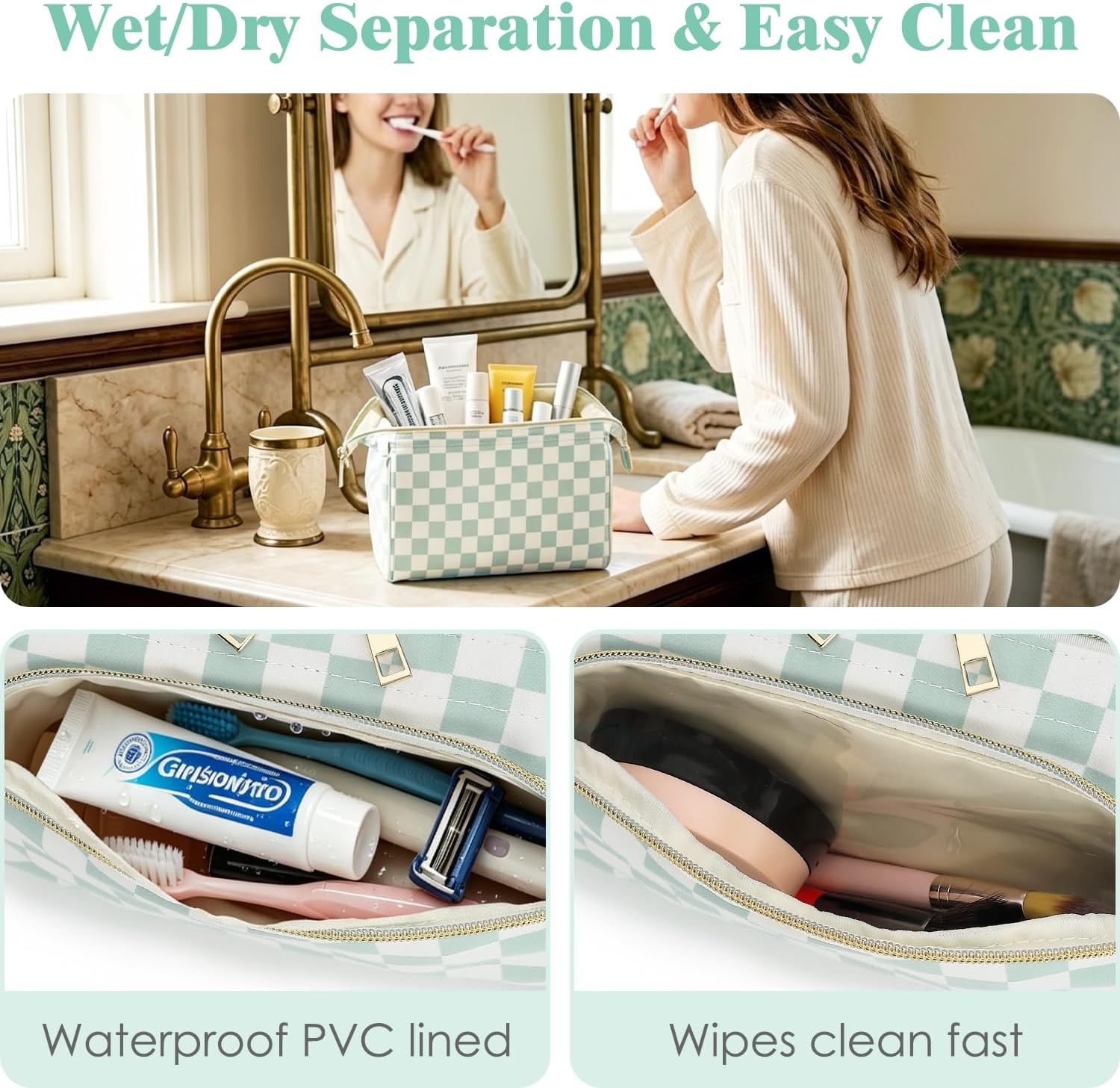 image:imageFammart Travel Makeup Bag for Women Waterproof Checkered Cosmetic Cosmetic Bag Make Up Organizer Case Large Wideopen Toiletry Bag for Skincare Brushes Bathroom amp Travel EssentialsCheckered Green
