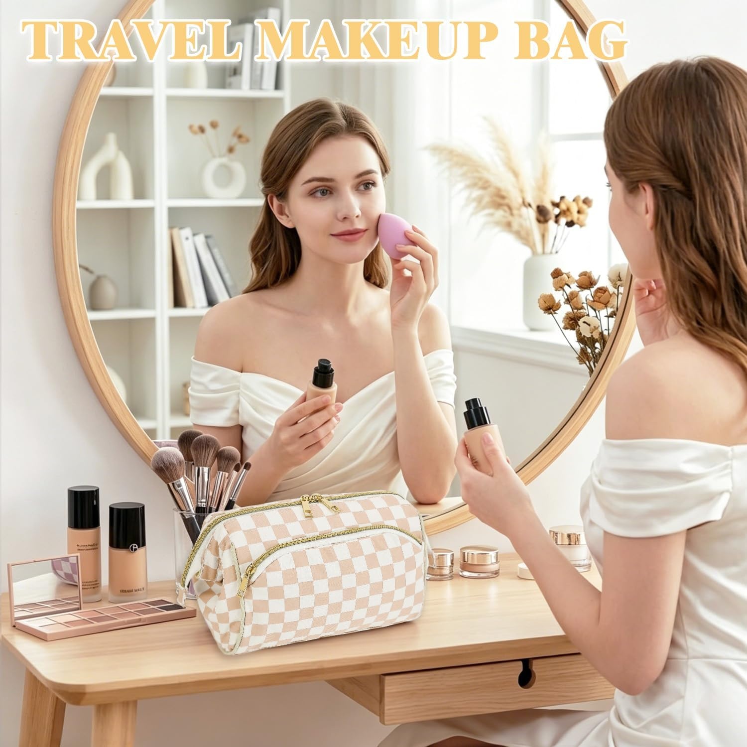 image:imageFammart Travel Makeup Bag for Women Waterproof Checkered Cosmetic Cosmetic Bag Make Up Organizer Case Large Wideopen Toiletry Bag for Skincare Brushes Bathroom amp Travel EssentialsCheckered Khaki