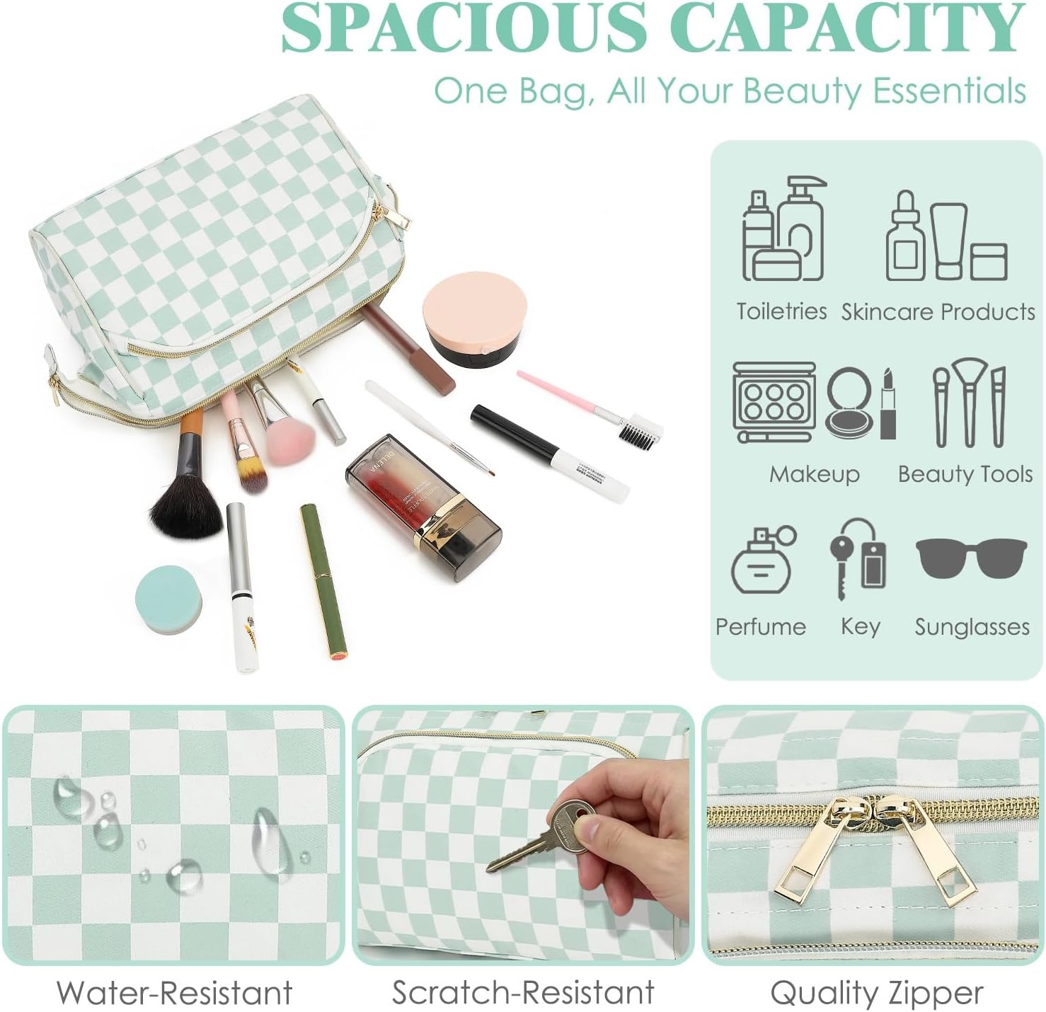image:imageFammart Travel Makeup Bag for Women Waterproof Checkered Cosmetic Cosmetic Bag Make Up Organizer Case Large Wideopen Toiletry Bag for Skincare Brushes Bathroom amp Travel EssentialsCheckered Green