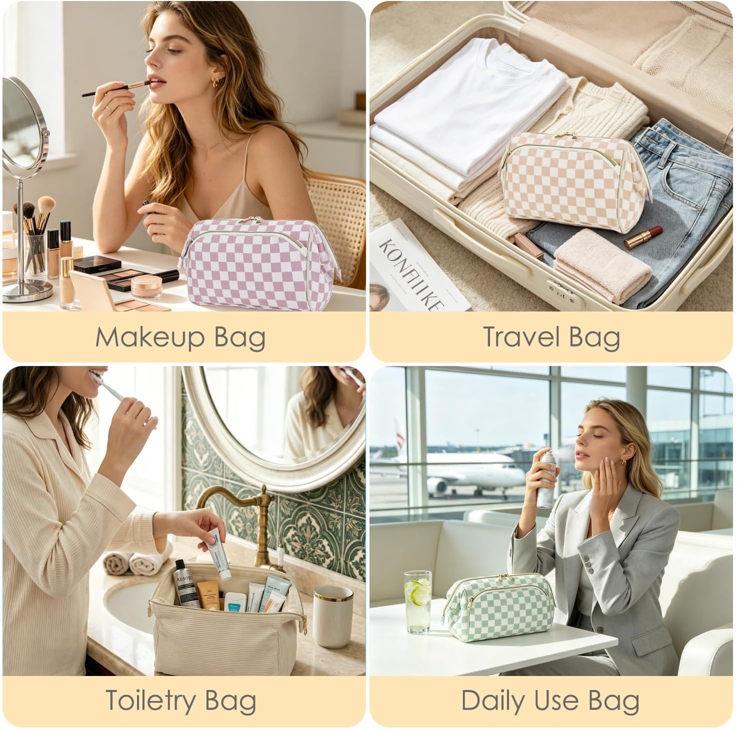 image:imageFammart Travel Makeup Bag for Women Waterproof Checkered Cosmetic Cosmetic Bag Make Up Organizer Case Large Wideopen Toiletry Bag for Skincare Brushes Bathroom amp Travel EssentialsCheckered Khaki