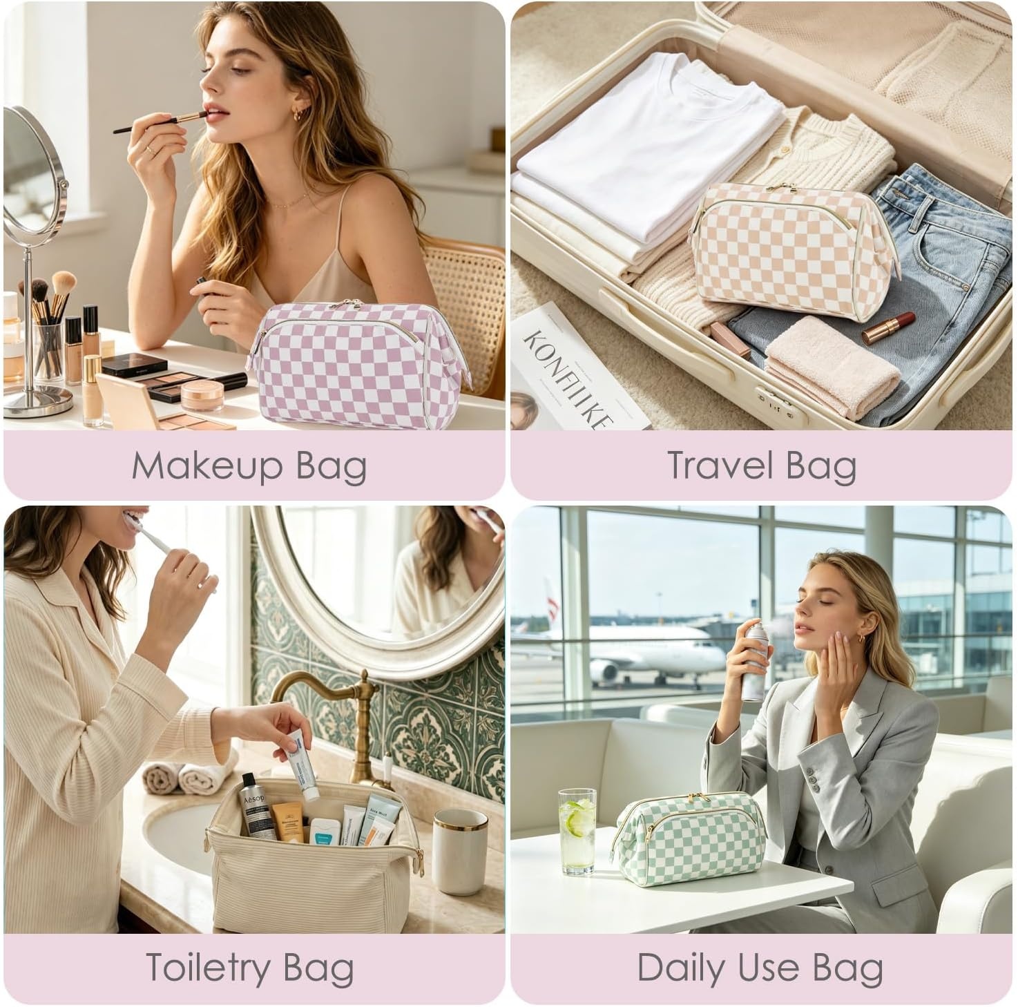 image:imageFammart Travel Makeup Bag for Women Waterproof Checkered Cosmetic Cosmetic Bag Make Up Organizer Case Large Wideopen Toiletry Bag for Skincare Brushes Bathroom amp Travel EssentialsCheckered Dusty Rose