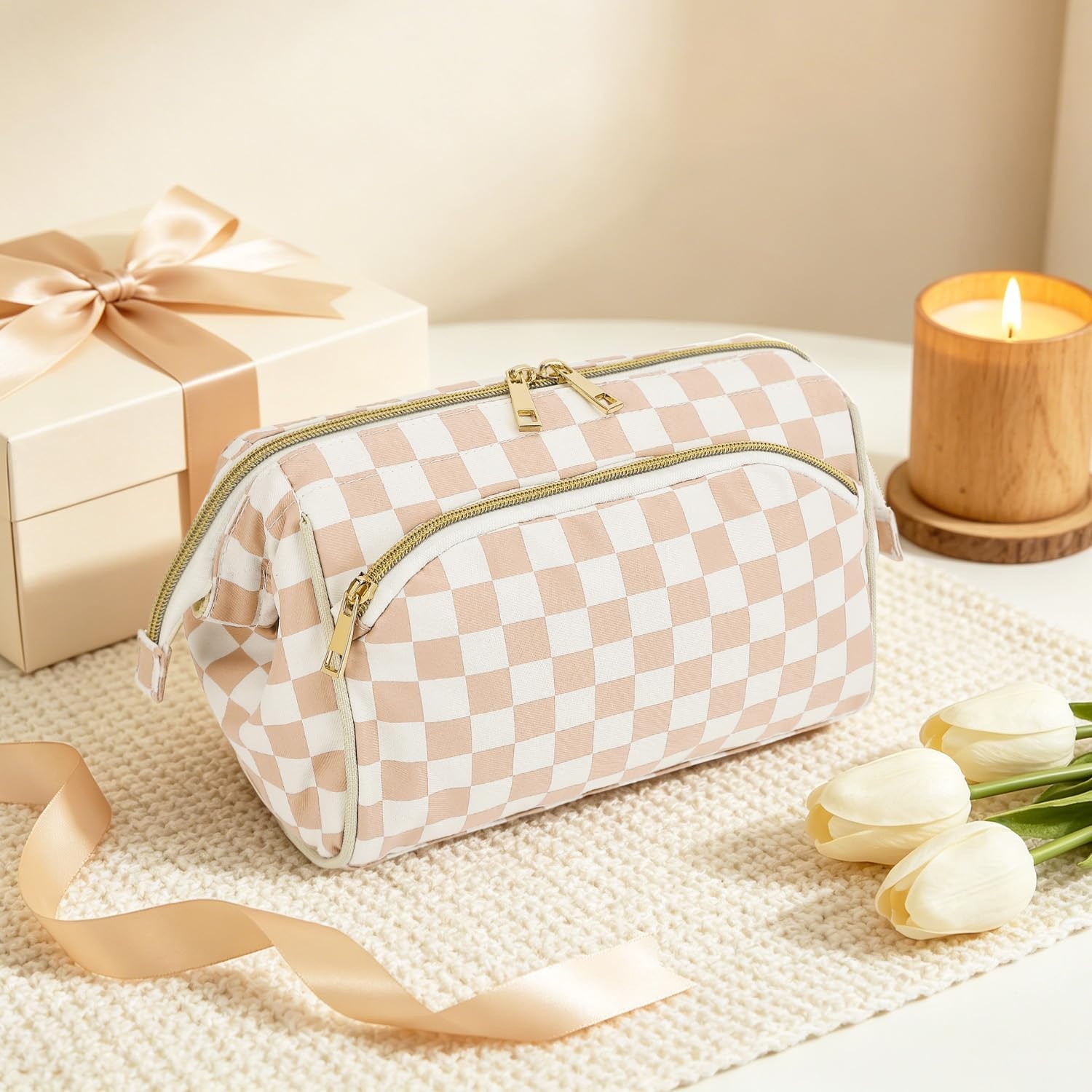 image:imageFammart Travel Makeup Bag for Women Waterproof Checkered Cosmetic Cosmetic Bag Make Up Organizer Case Large Wideopen Toiletry Bag for Skincare Brushes Bathroom amp Travel EssentialsCheckered Khaki