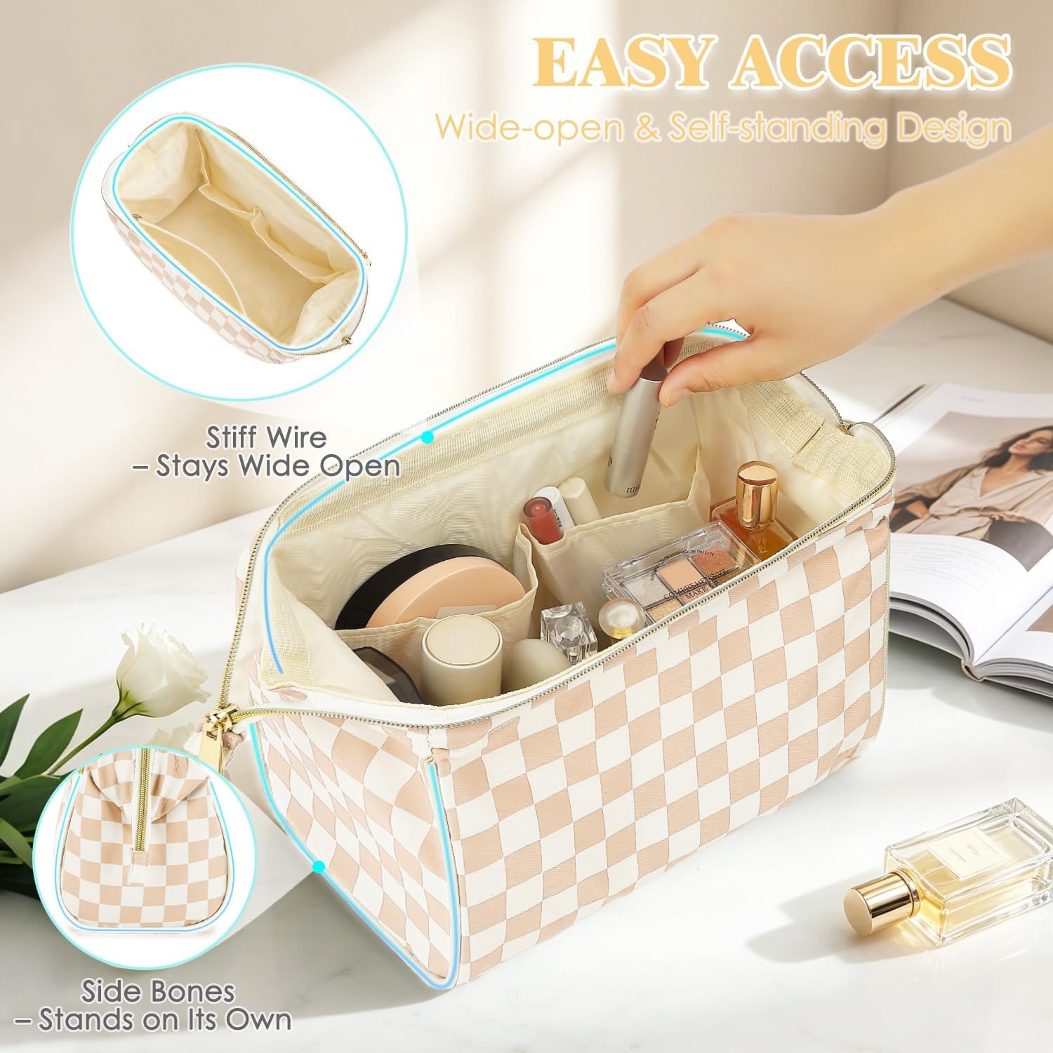 image:imageFammart Travel Makeup Bag for Women Waterproof Checkered Cosmetic Cosmetic Bag Make Up Organizer Case Large Wideopen Toiletry Bag for Skincare Brushes Bathroom amp Travel EssentialsCheckered Khaki