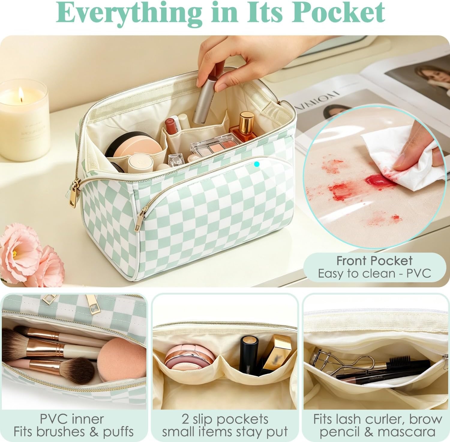 image:imageFammart Travel Makeup Bag for Women Waterproof Checkered Cosmetic Cosmetic Bag Make Up Organizer Case Large Wideopen Toiletry Bag for Skincare Brushes Bathroom amp Travel EssentialsCheckered Green