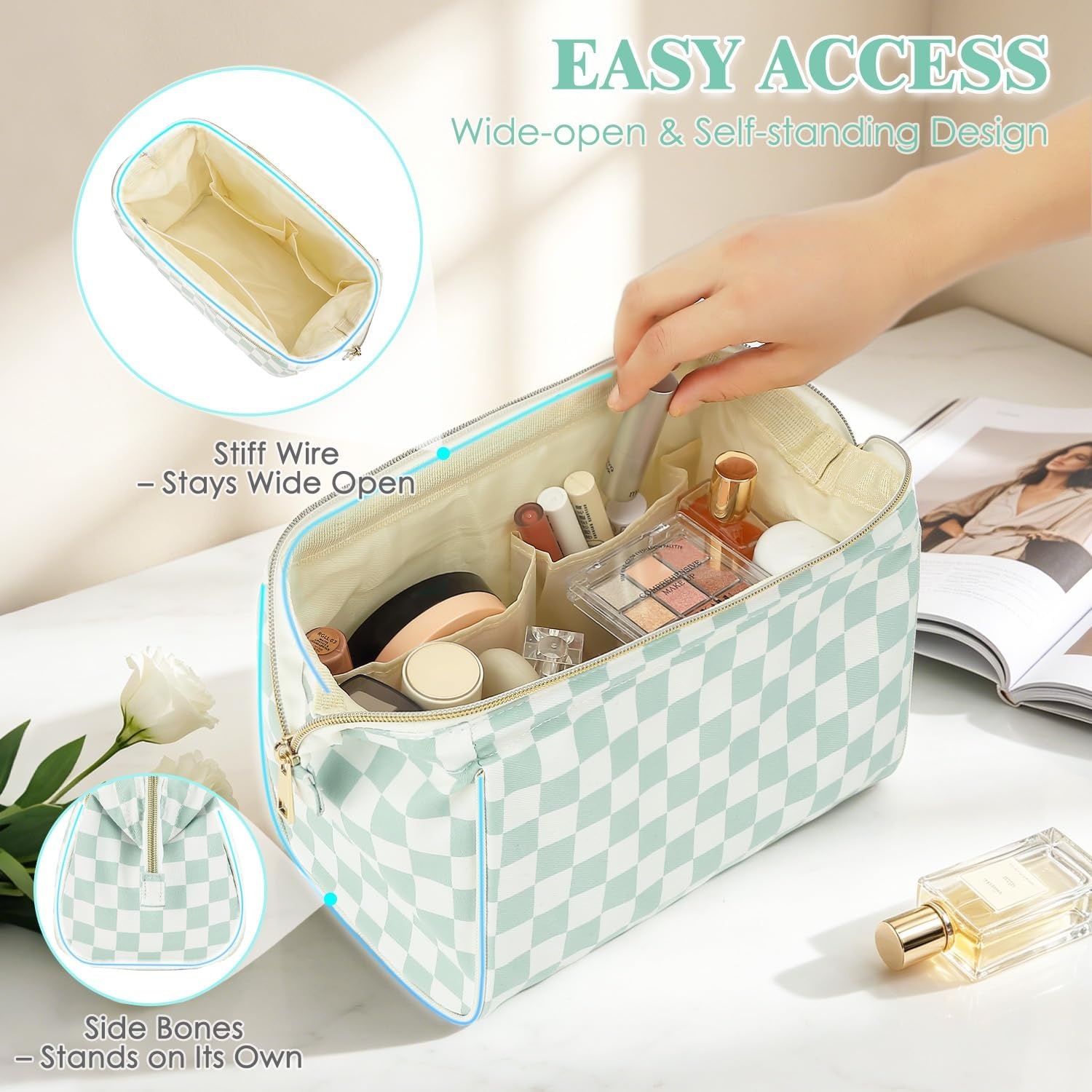 image:imageFammart Travel Makeup Bag for Women Waterproof Checkered Cosmetic Cosmetic Bag Make Up Organizer Case Large Wideopen Toiletry Bag for Skincare Brushes Bathroom amp Travel EssentialsCheckered Green