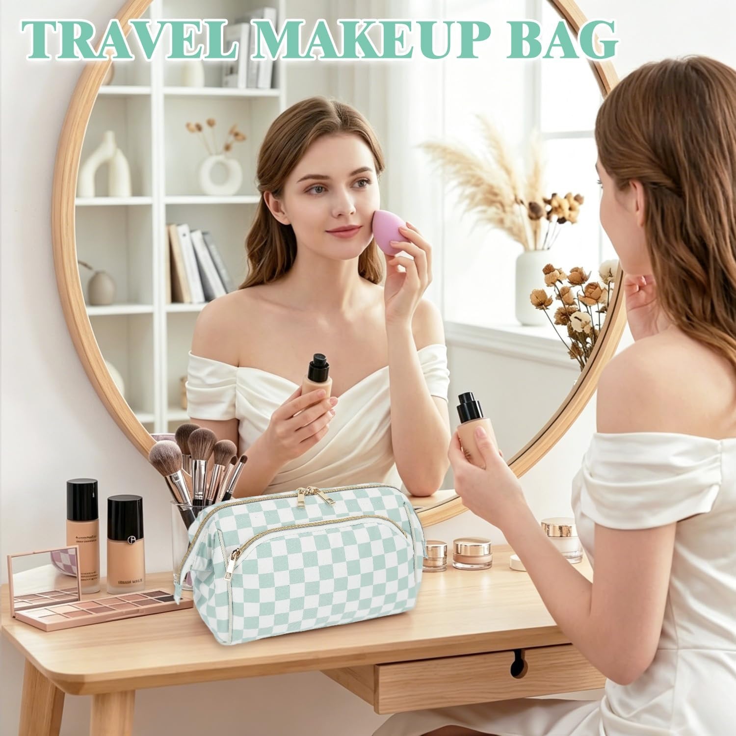 image:imageFammart Travel Makeup Bag for Women Waterproof Checkered Cosmetic Cosmetic Bag Make Up Organizer Case Large Wideopen Toiletry Bag for Skincare Brushes Bathroom amp Travel EssentialsCheckered Green