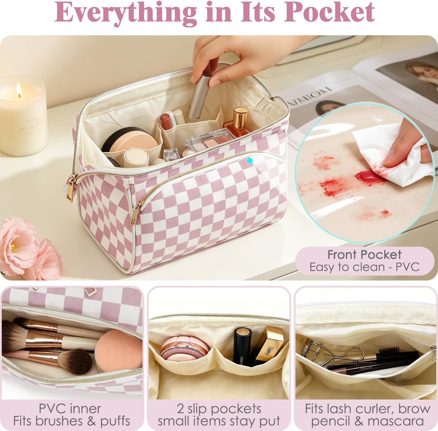 image:imageFammart Travel Makeup Bag for Women Waterproof Checkered Cosmetic Cosmetic Bag Make Up Organizer Case Large Wideopen Toiletry Bag for Skincare Brushes Bathroom amp Travel EssentialsCheckered Dusty Rose
