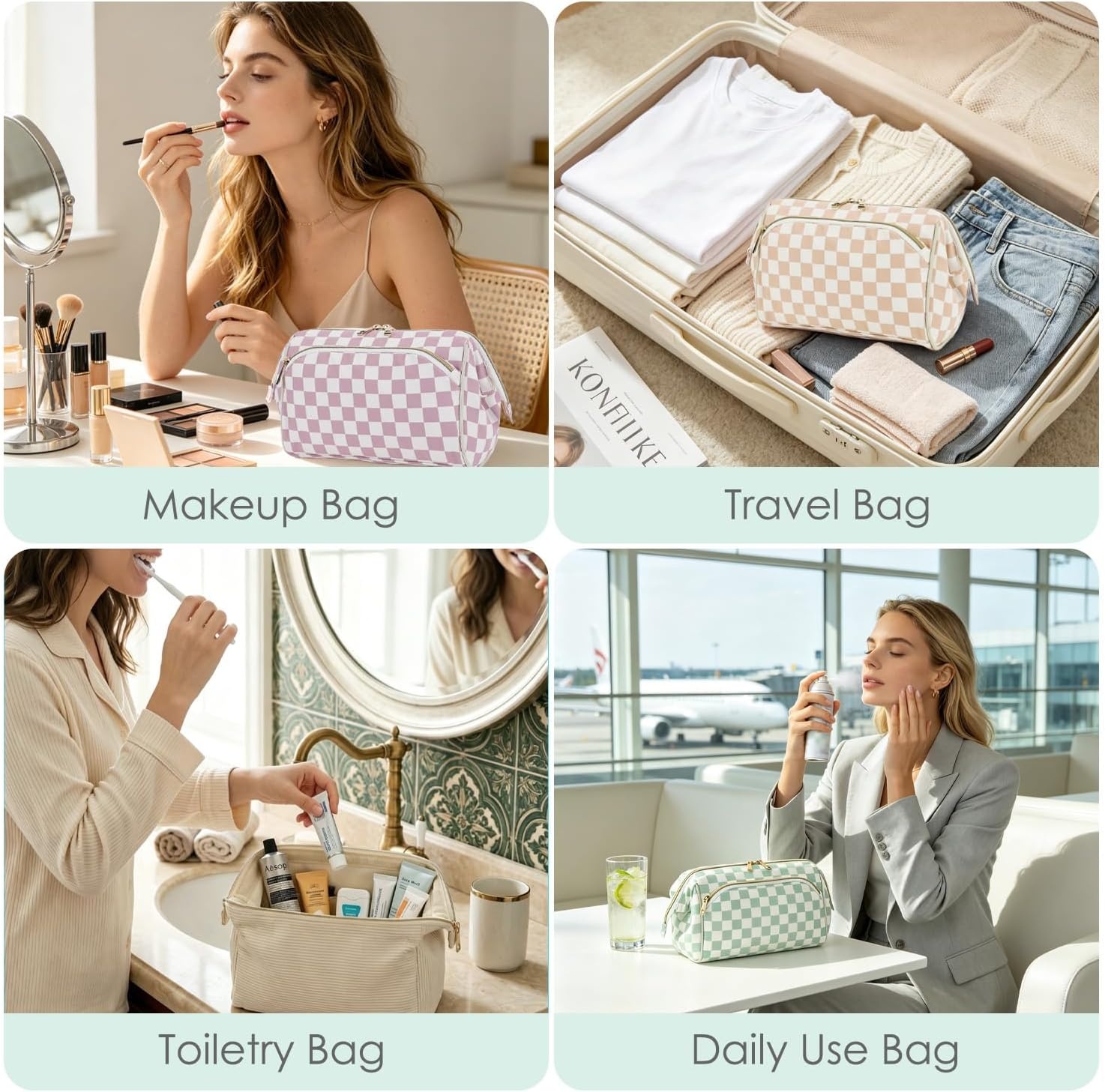 image:imageFammart Travel Makeup Bag for Women Waterproof Checkered Cosmetic Cosmetic Bag Make Up Organizer Case Large Wideopen Toiletry Bag for Skincare Brushes Bathroom amp Travel EssentialsCheckered Green