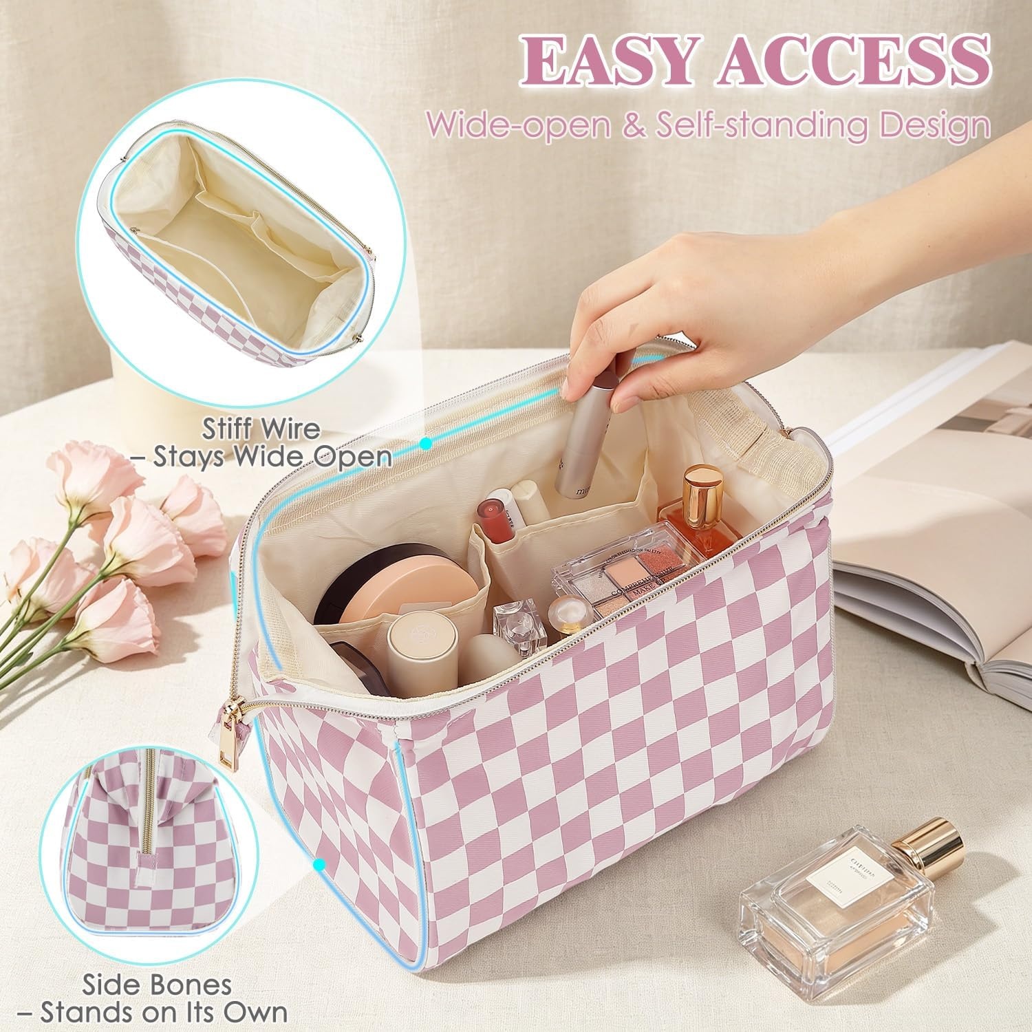 image:imageFammart Travel Makeup Bag for Women Waterproof Checkered Cosmetic Cosmetic Bag Make Up Organizer Case Large Wideopen Toiletry Bag for Skincare Brushes Bathroom amp Travel EssentialsCheckered Dusty Rose