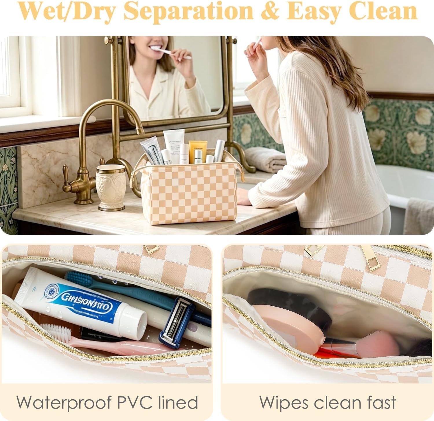 image:imageFammart Travel Makeup Bag for Women Waterproof Checkered Cosmetic Cosmetic Bag Make Up Organizer Case Large Wideopen Toiletry Bag for Skincare Brushes Bathroom amp Travel EssentialsCheckered Khaki
