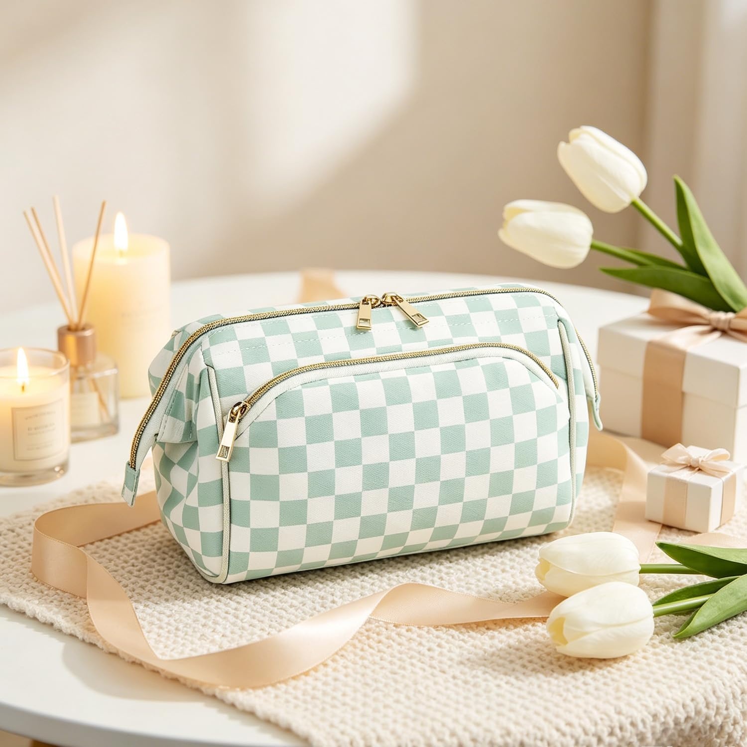 image:imageFammart Travel Makeup Bag for Women Waterproof Checkered Cosmetic Cosmetic Bag Make Up Organizer Case Large Wideopen Toiletry Bag for Skincare Brushes Bathroom amp Travel EssentialsCheckered Green
