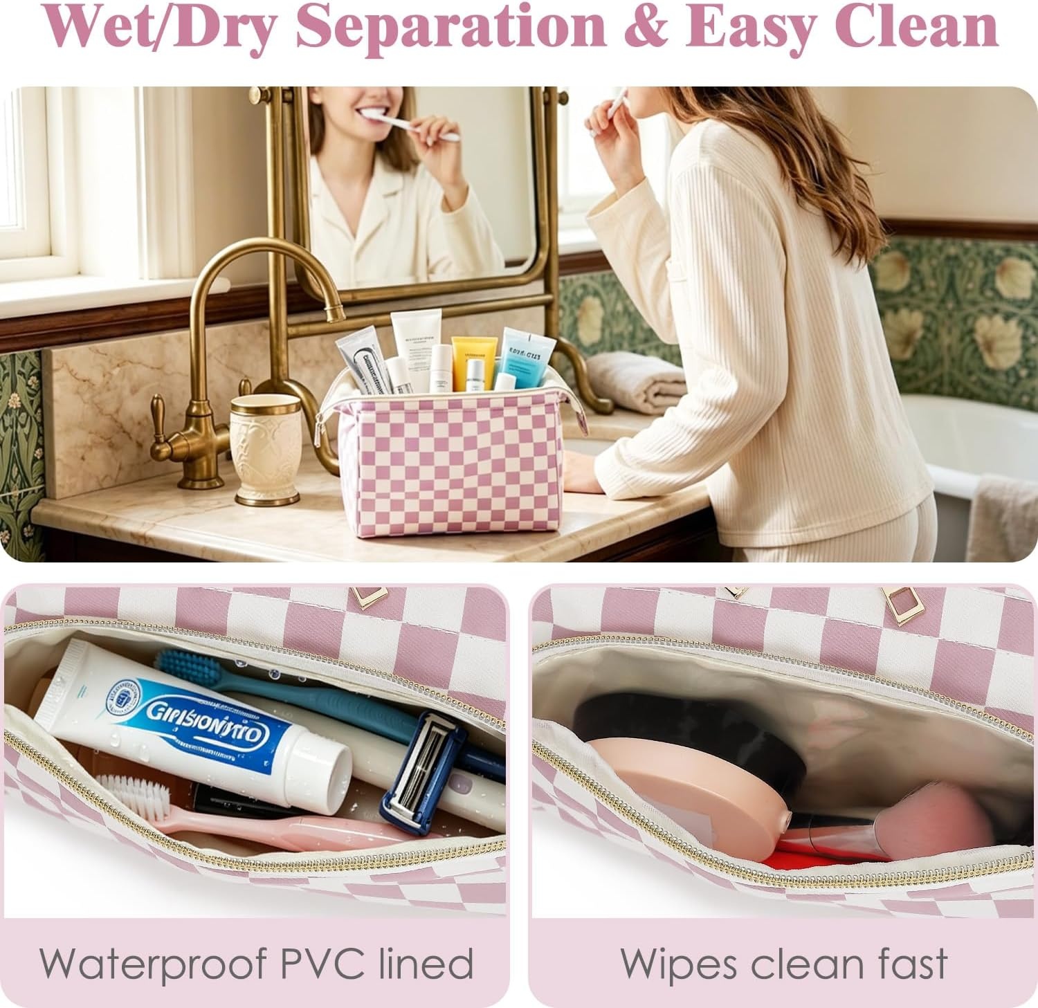 image:imageFammart Travel Makeup Bag for Women Waterproof Checkered Cosmetic Cosmetic Bag Make Up Organizer Case Large Wideopen Toiletry Bag for Skincare Brushes Bathroom amp Travel EssentialsCheckered Dusty Rose