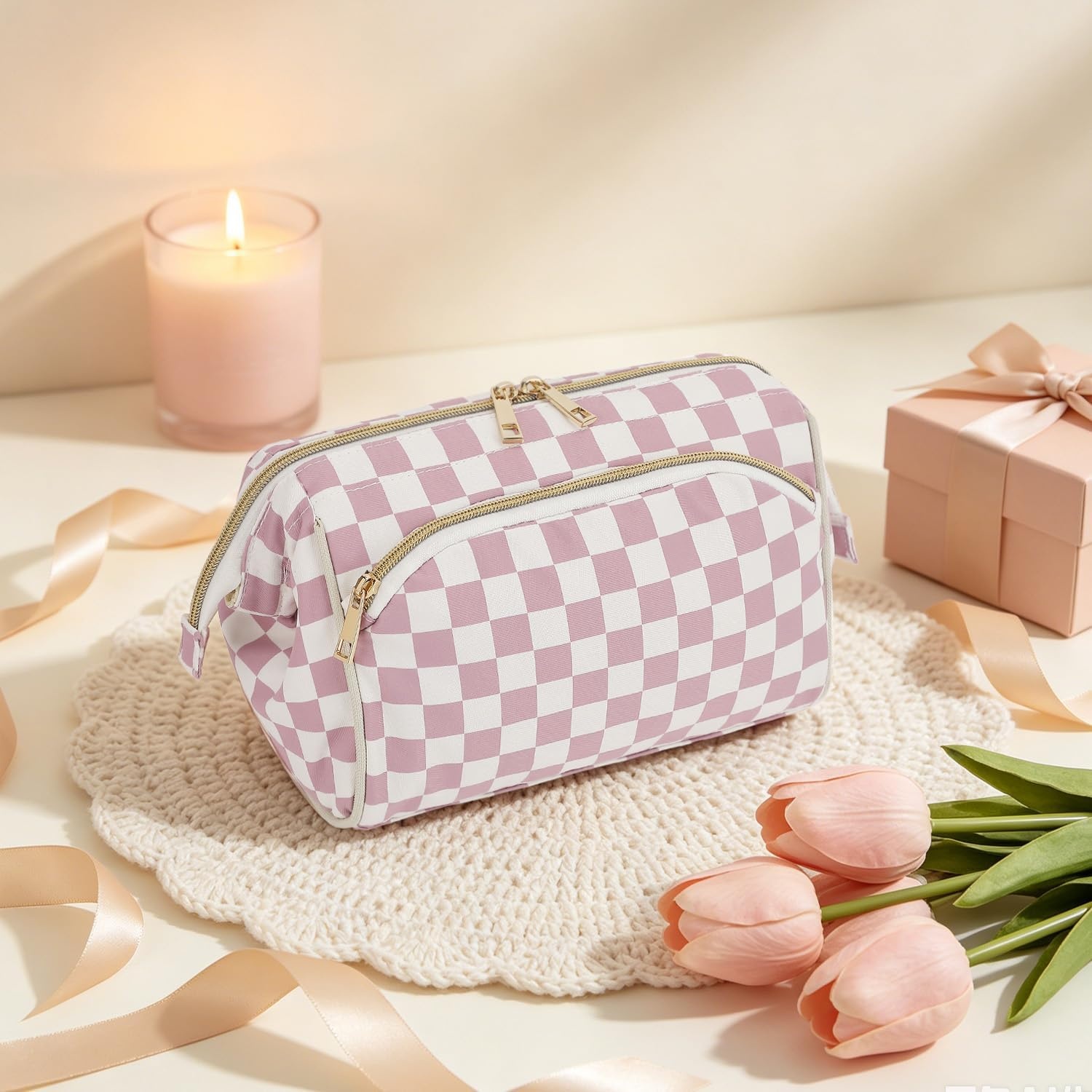 image:imageFammart Travel Makeup Bag for Women Waterproof Checkered Cosmetic Cosmetic Bag Make Up Organizer Case Large Wideopen Toiletry Bag for Skincare Brushes Bathroom amp Travel EssentialsCheckered Dusty Rose