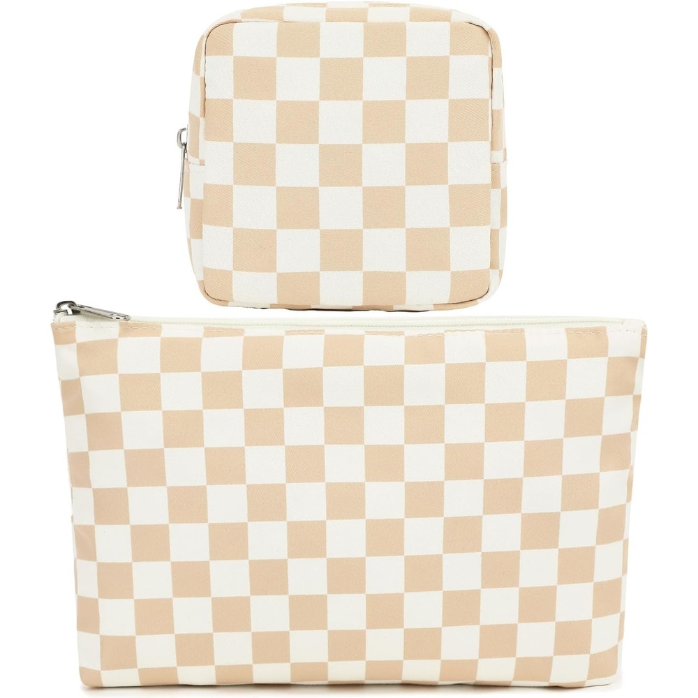 image:imageFammart Checkered Makeup Bag Travel Cosmetic Bag Organizer Toiletry Bag Make Up Bags with Zipper amp Compartments for Women GirlsCheckered 2PCS Khaki