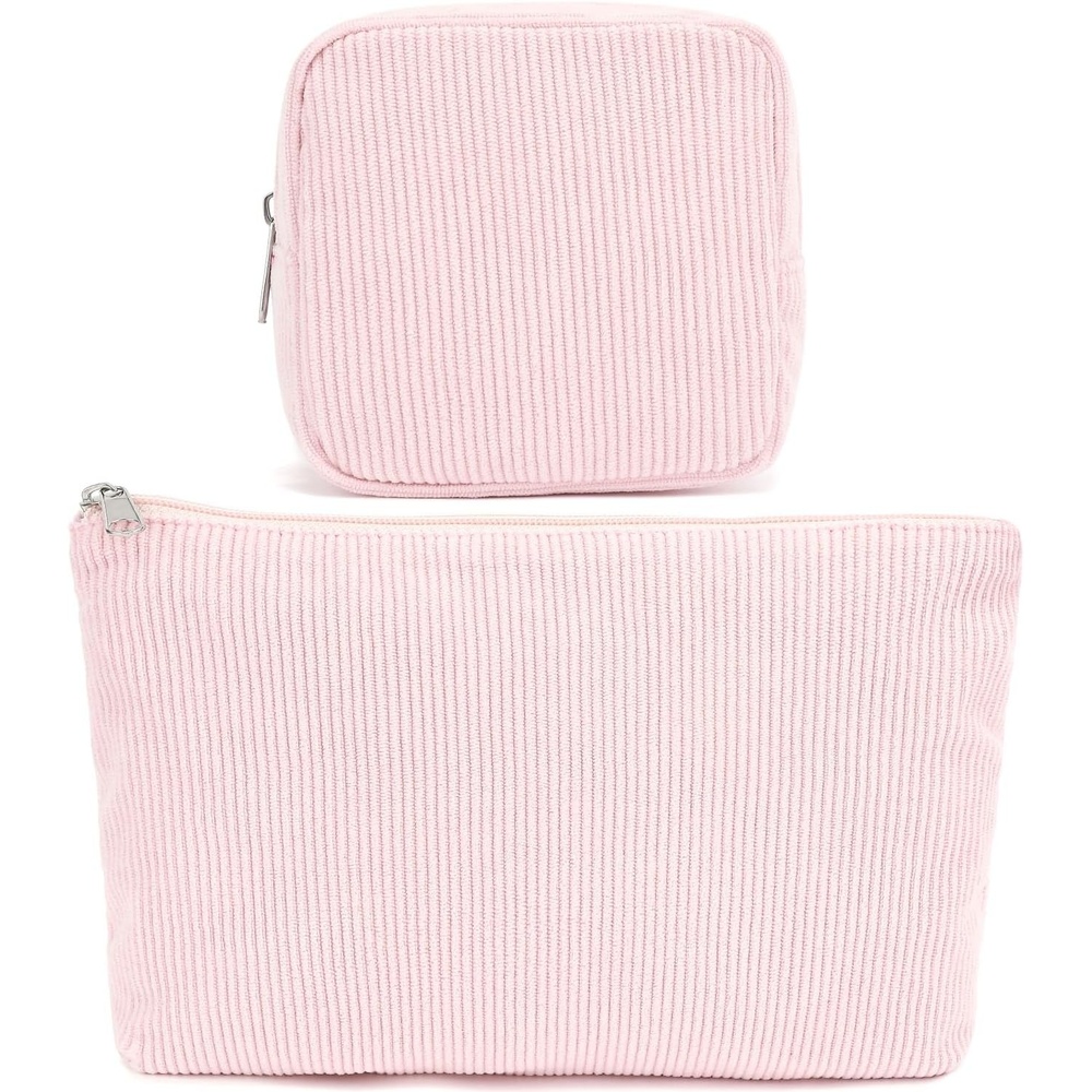 image:imageFammart Checkered Makeup Bag Travel Cosmetic Bag Organizer Toiletry Bag Make Up Bags with Zipper amp Compartments for Women GirlsCorduroy 2PCS Pink