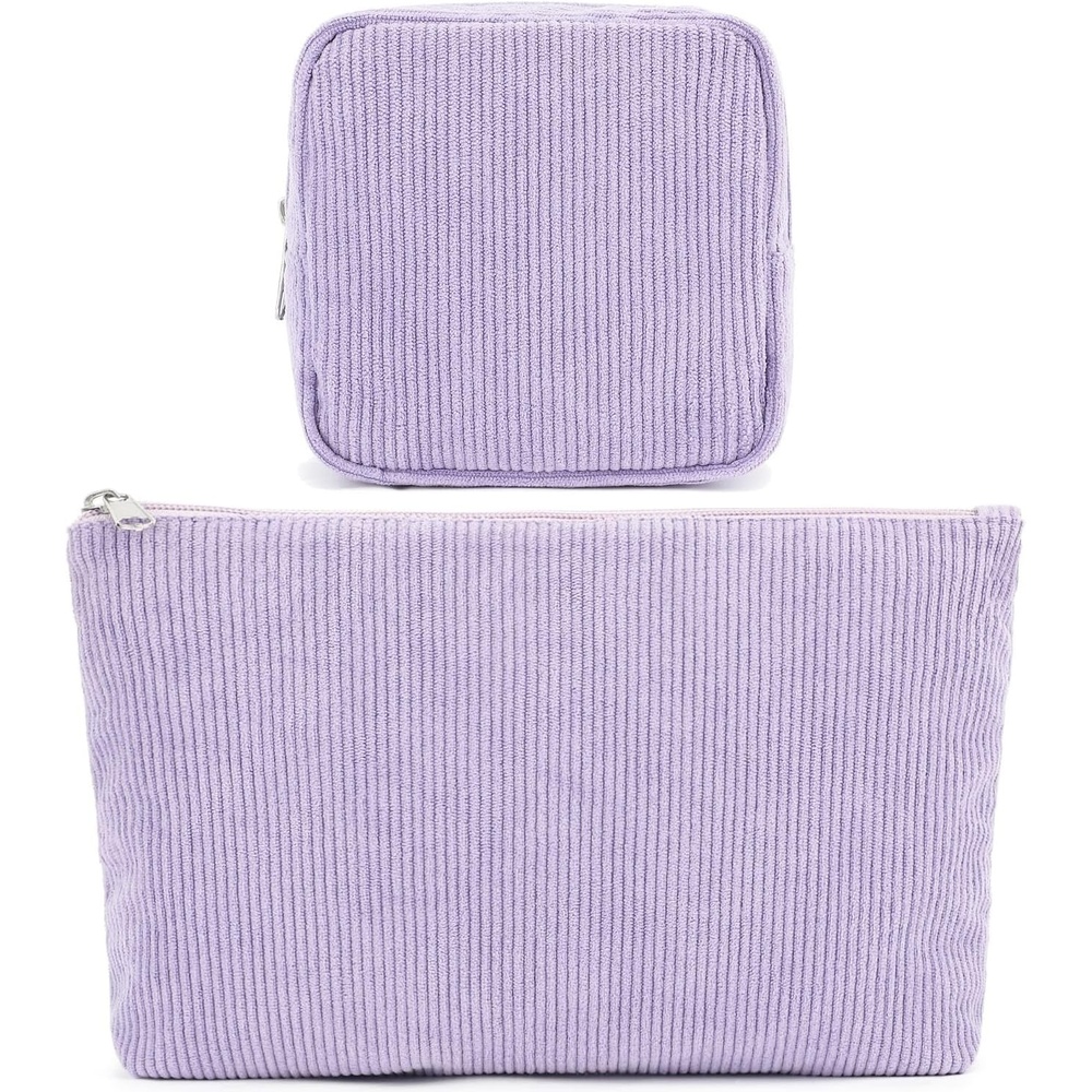 image:imageFammart Checkered Makeup Bag Travel Cosmetic Bag Organizer Toiletry Bag Make Up Bags with Zipper amp Compartments for Women GirlsCorduroy 2PCS Purple