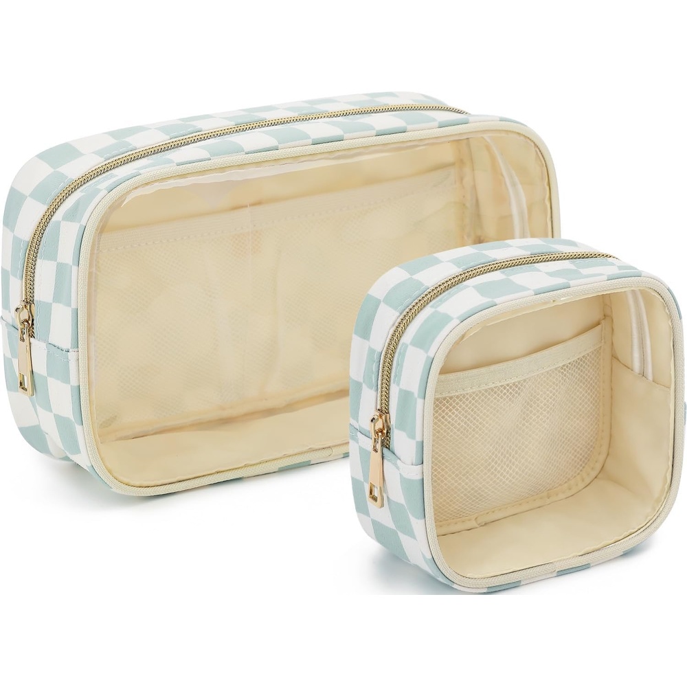 image:imageFammart Clear Travel Makeup Bag for Women TSA Approved Checkered Cosmetic Bag Make Up Car Organizer Case with Zipper Large Waterproof Pouch Purse Toiletry Bag for Skincare Brushes Travel EssentialsCheckered 2PCS Green