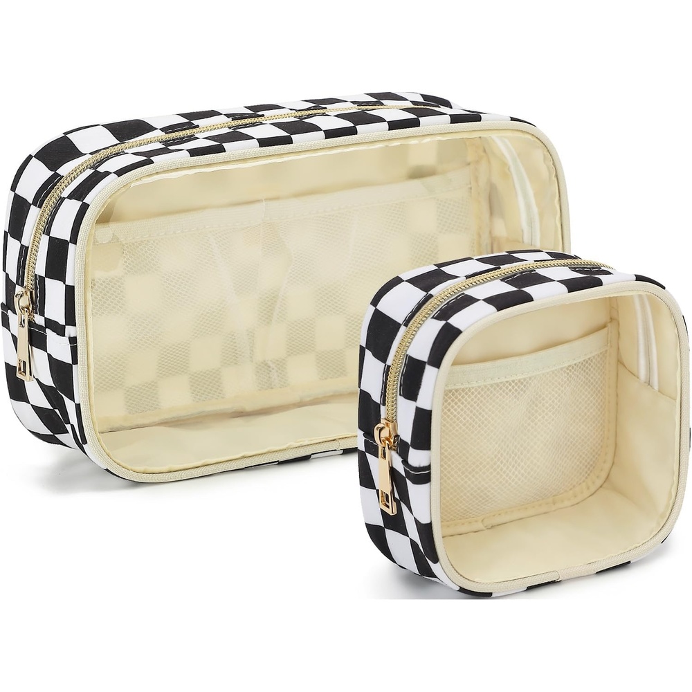 image:imageFammart Clear Travel Makeup Bag for Women TSA Approved Checkered Cosmetic Bag Make Up Car Organizer Case with Zipper Large Waterproof Pouch Purse Toiletry Bag for Skincare Brushes Travel EssentialsCheckered 2PCS Black