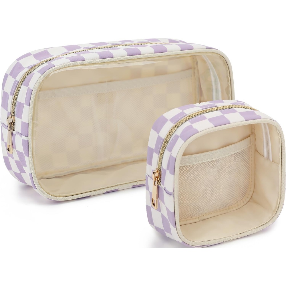 image:imageFammart Clear Travel Makeup Bag for Women TSA Approved Checkered Cosmetic Bag Make Up Car Organizer Case with Zipper Large Waterproof Pouch Purse Toiletry Bag for Skincare Brushes Travel EssentialsCheckered 2PCS Purple
