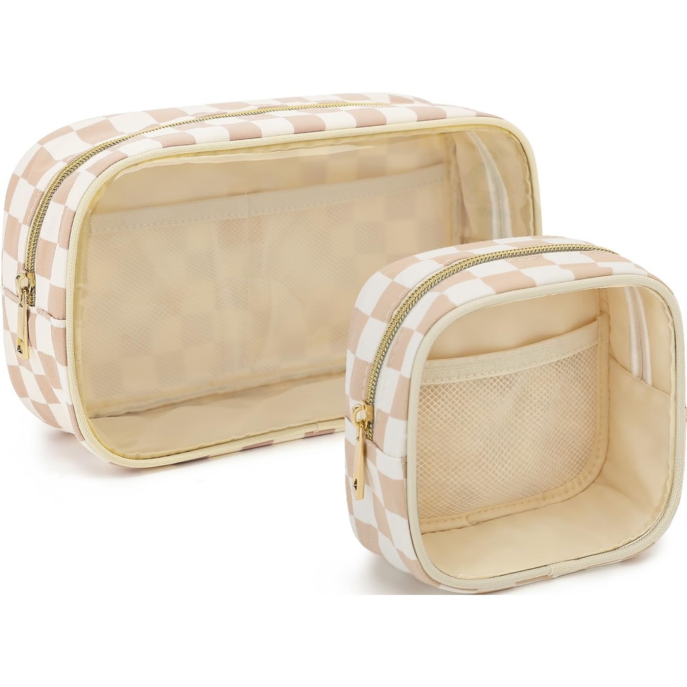 image:imageFammart Clear Travel Makeup Bag for Women TSA Approved Checkered Cosmetic Bag Make Up Car Organizer Case with Zipper Large Waterproof Pouch Purse Toiletry Bag for Skincare Brushes Travel EssentialsCheckered 2PCS Khaki