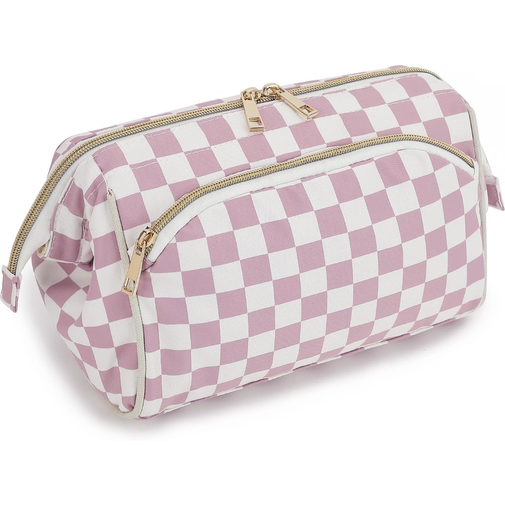 image:imageFammart Travel Makeup Bag for Women Waterproof Checkered Cosmetic Cosmetic Bag Make Up Organizer Case Large Wideopen Toiletry Bag for Skincare Brushes Bathroom amp Travel EssentialsCheckered Dusty Rose